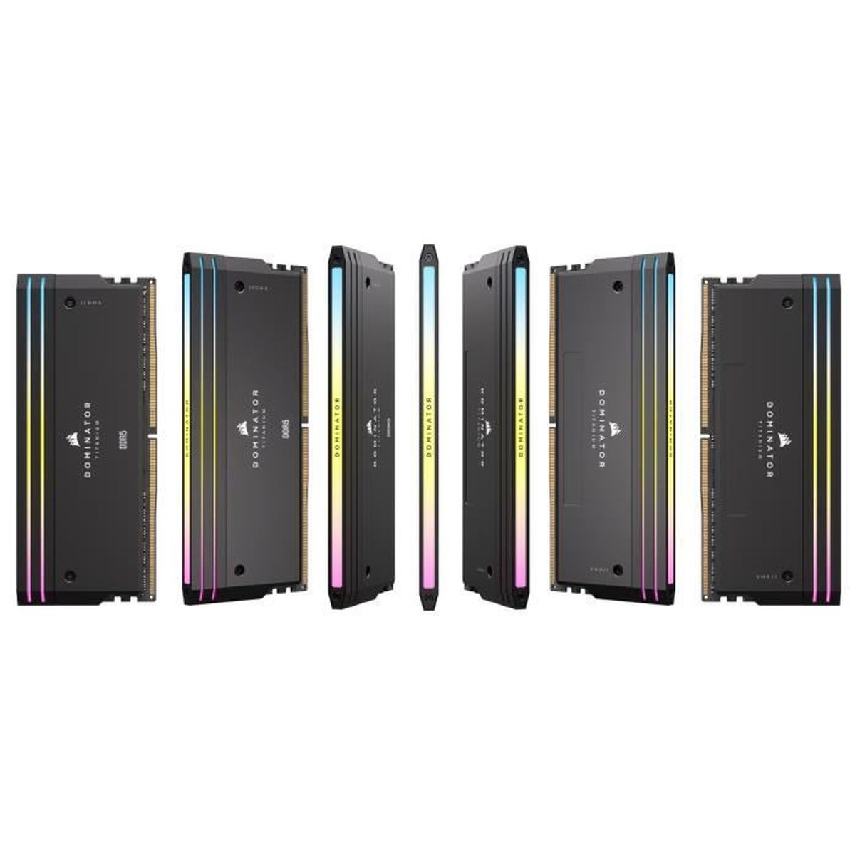 Wiele kości RAM z podświetleniem RGB, ułożonych symetrycznie, na białym tle.