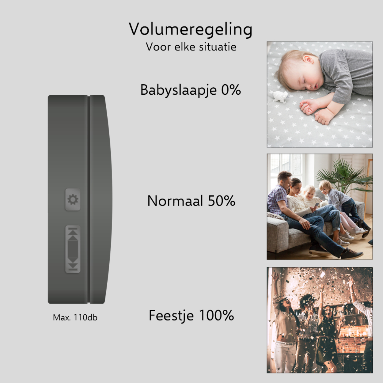 Immagine del pannello di controllo grigio con impostazioni del volume, immagini di bambino, famiglia e festa.