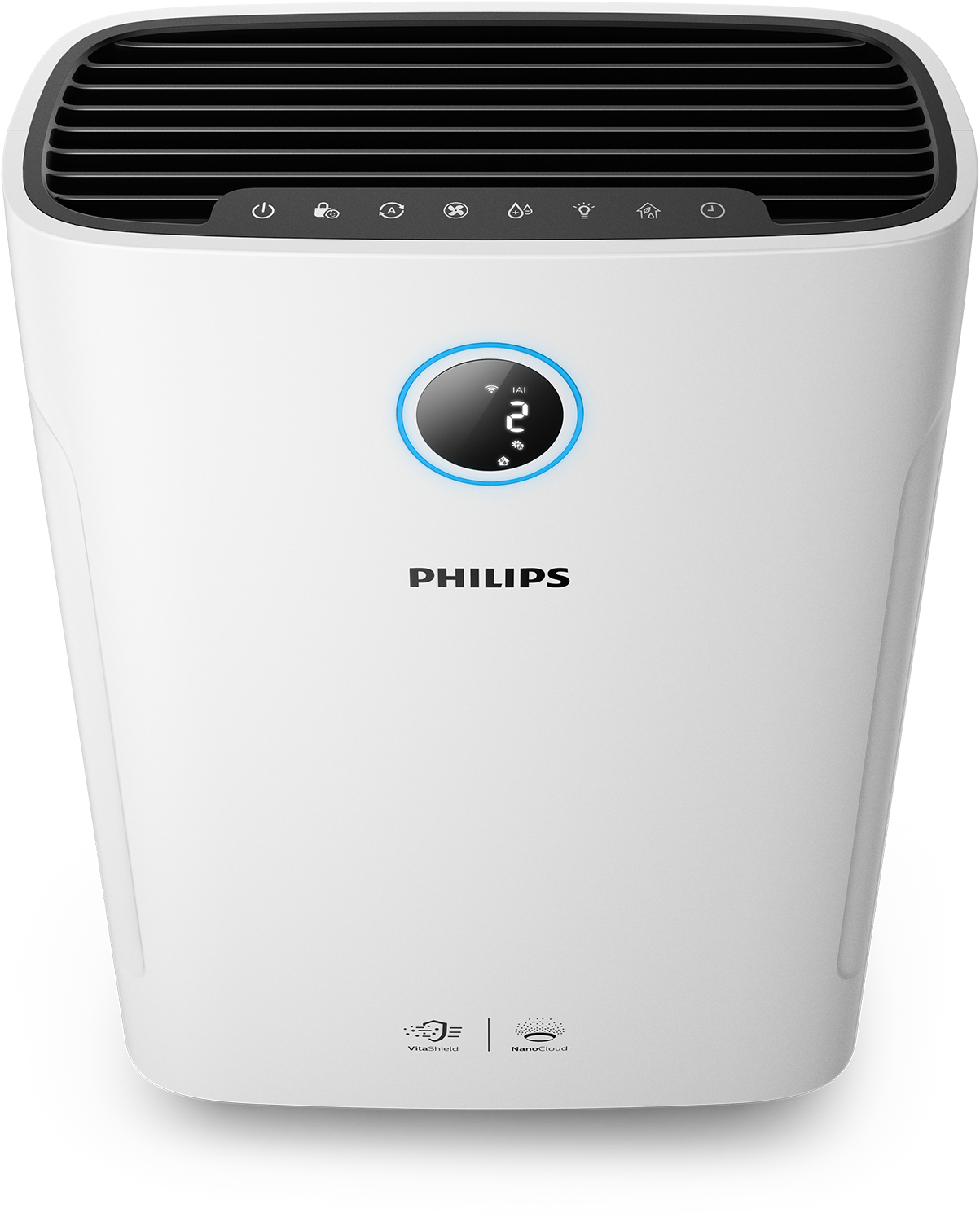 Un purificador de aire Philips blanco con un panel de control y un anillo de luz azul.