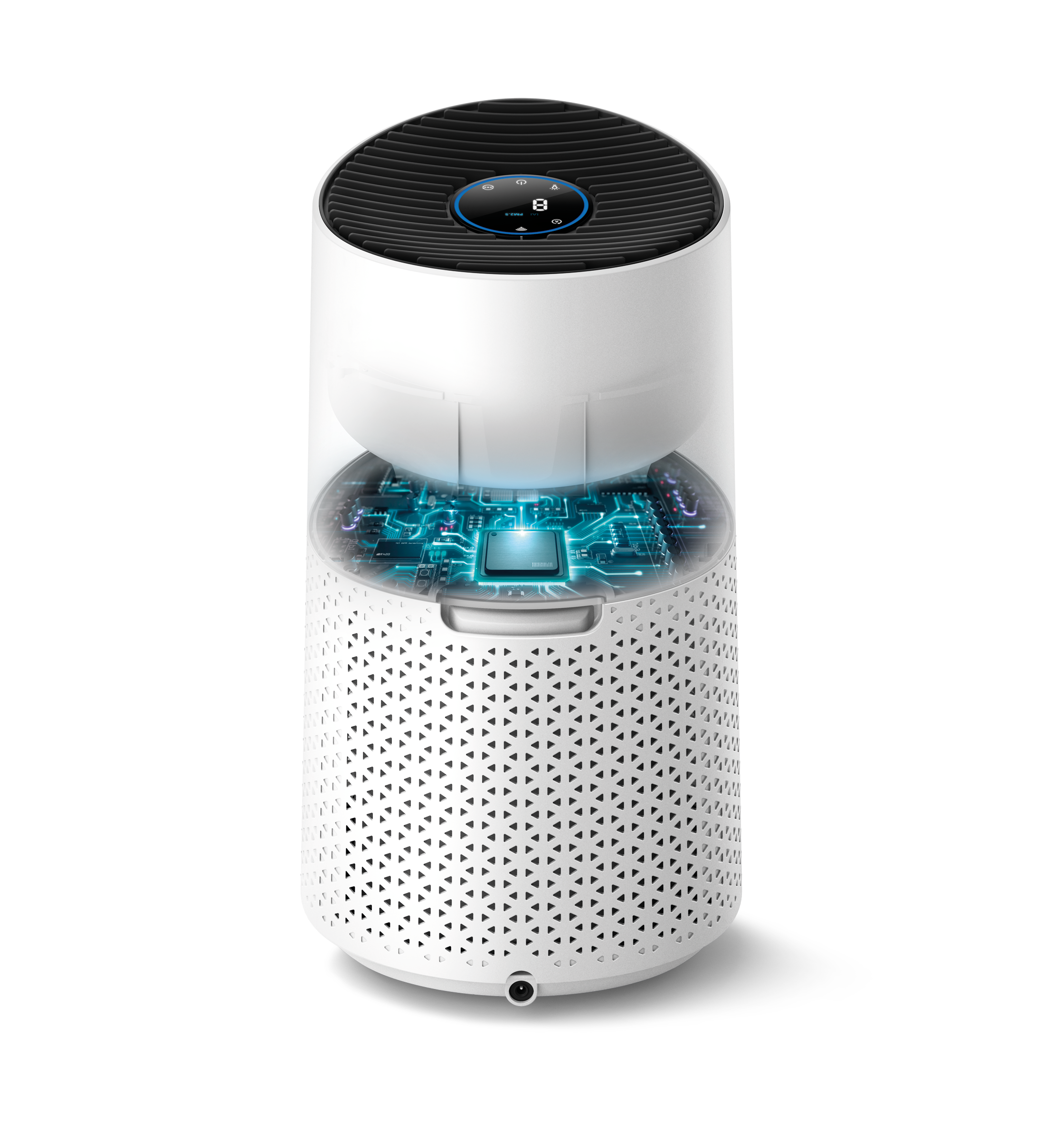 Purificador de aire blanco con pantalla azul y área transparente mostrando componentes internos.