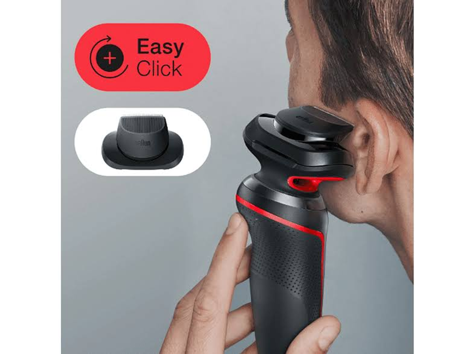 Mężczyzna goli się czarno-czerwoną golarką elektryczną. Wyświetlana jest głowica tnąca. Tekst Easy Click.