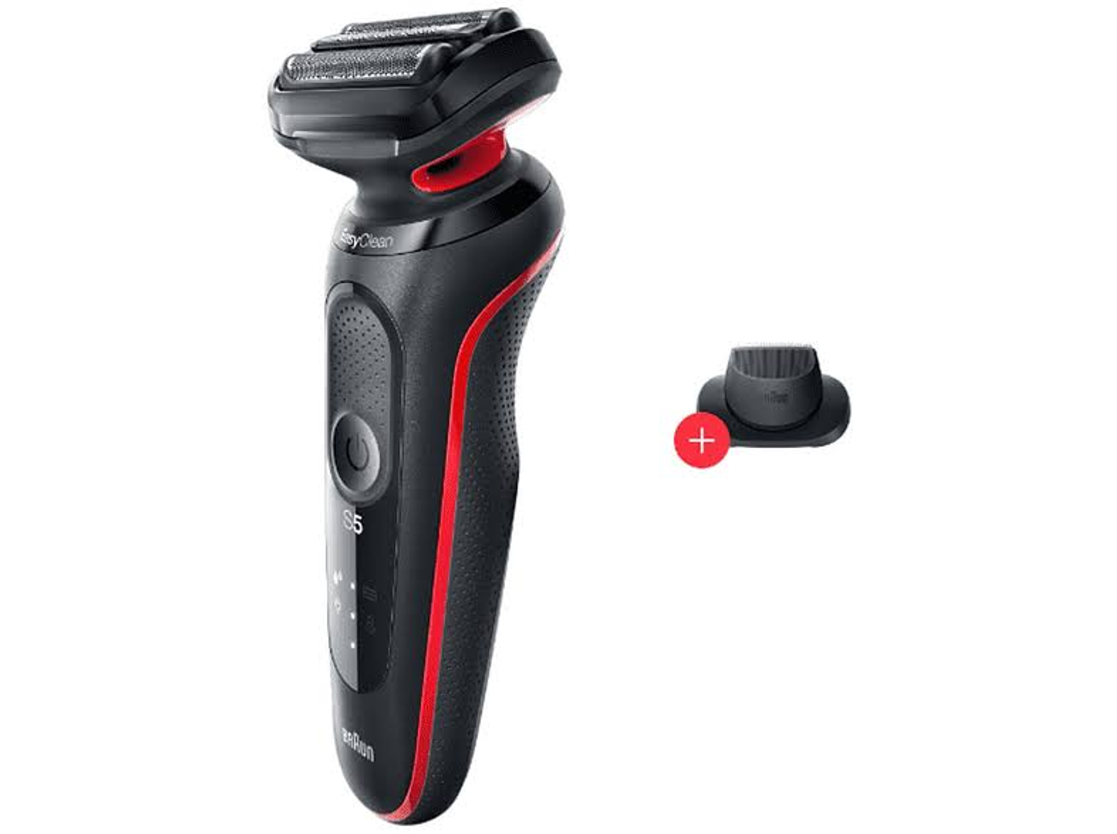 Czarna i czerwona golarka elektryczna z dodatkowym nasadką do przycinania.