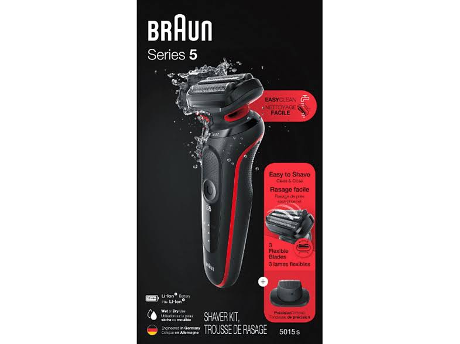 Czarny i czerwony zestaw do golenia Braun Series 5 na czarnym i czerwonym tle. Zawiera 3 elastyczne ostrza.