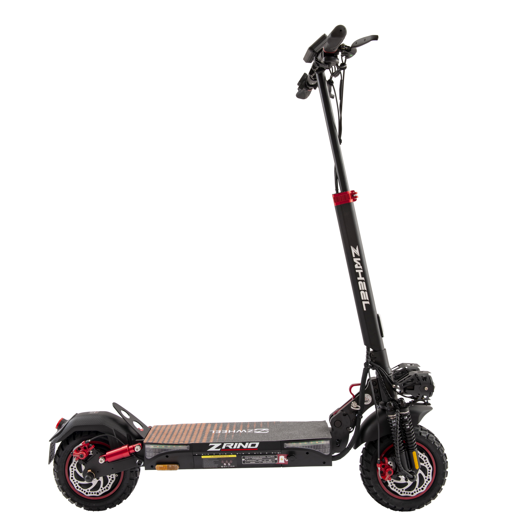 Scooter eléctrico negro y rojo. Tiene un logotipo de ZWheel y ruedas negras y rojas.