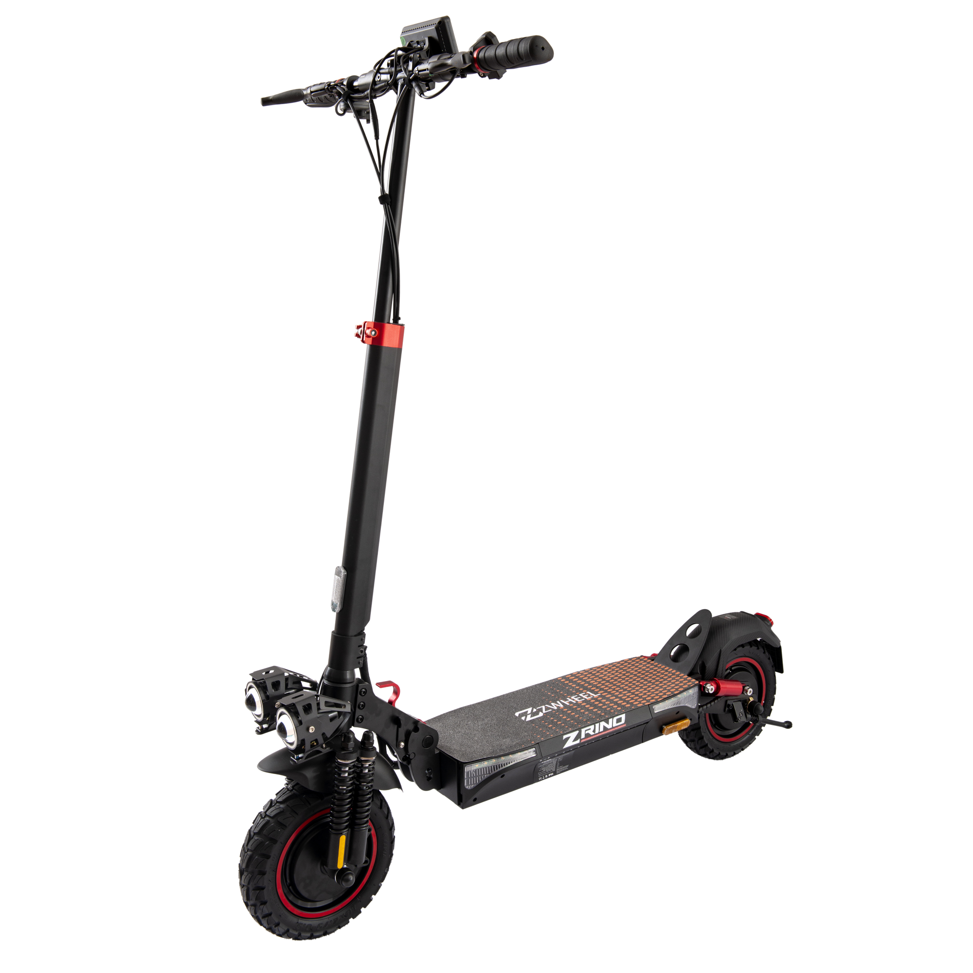 Patinete eléctrico negro y rojo sobre fondo negro. El patinete tiene luces.