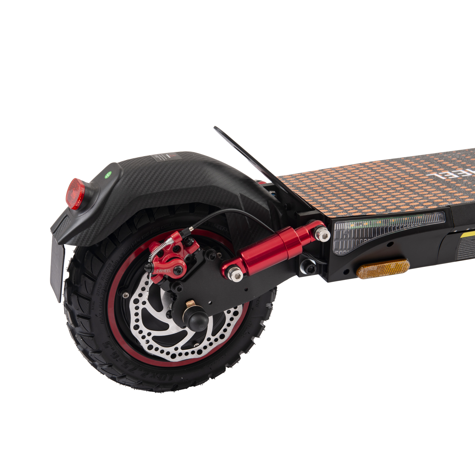 Primer plano de la rueda trasera y el sistema de frenos de un patinete eléctrico, detalles en negro, rojo y plata. El neumático es negro y rojo.
