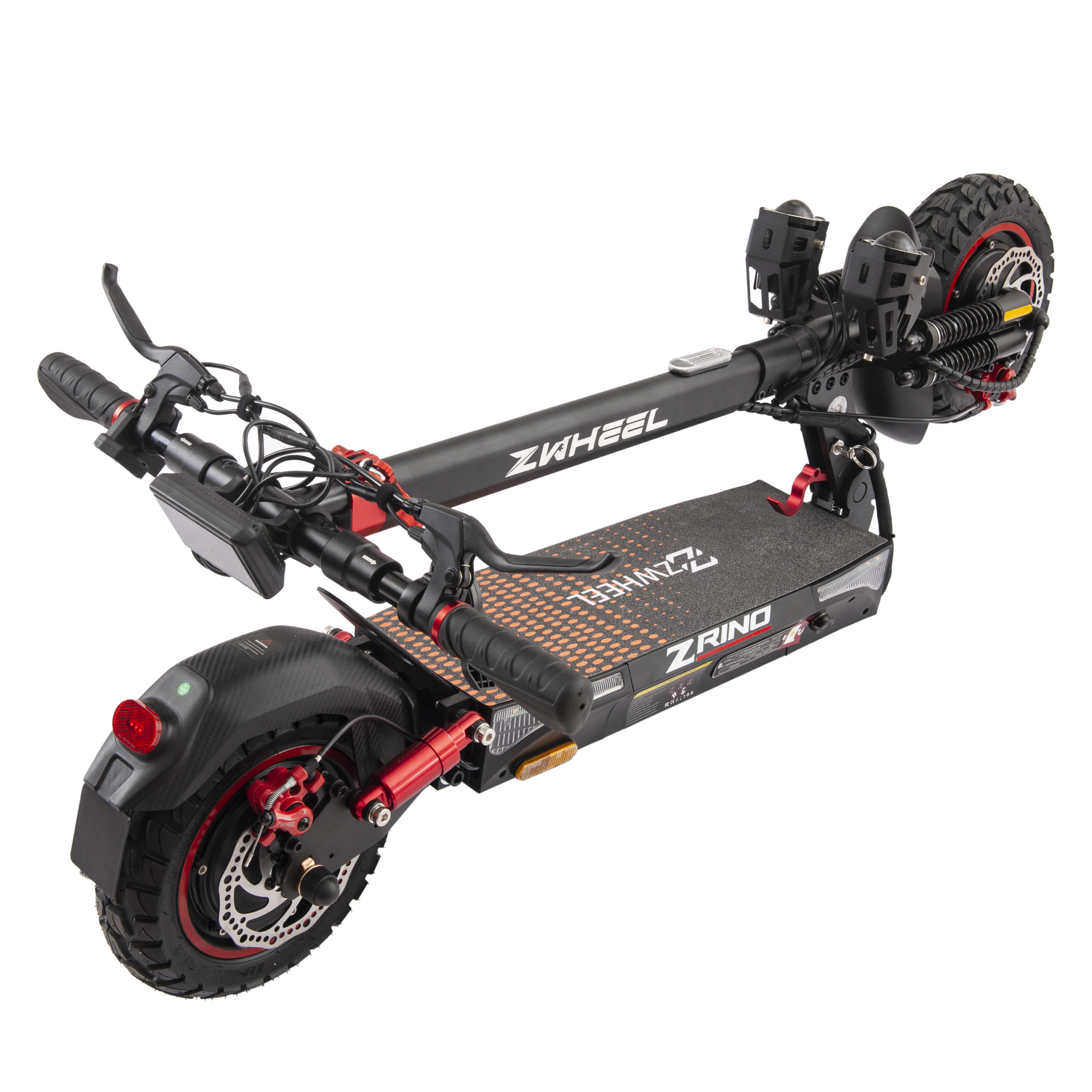 Scooter eléctrico negro y rojo visto desde arriba, sobre un fondo negro.