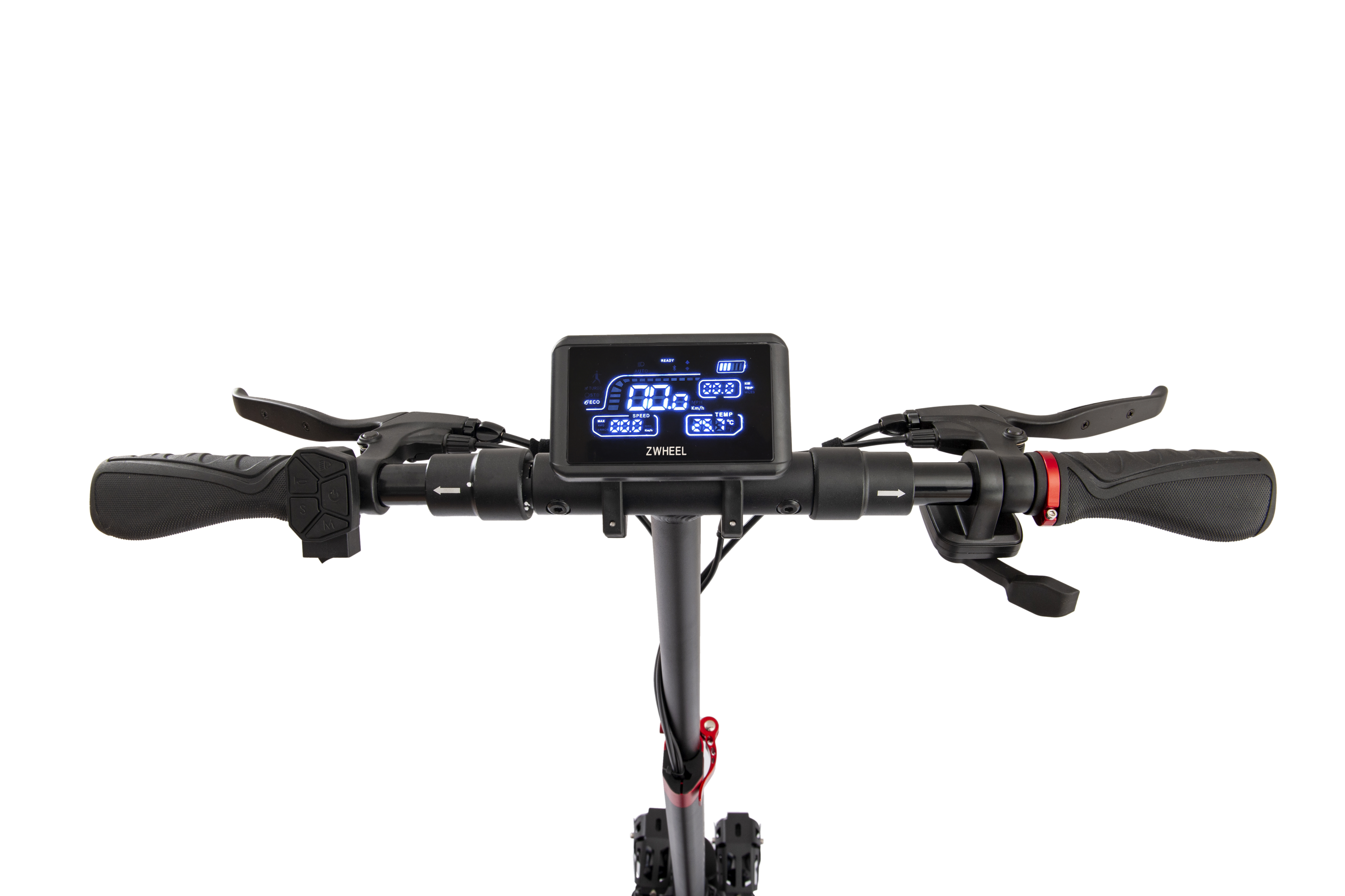 Manillar de scooter con una pantalla digital. La pantalla muestra la velocidad, la batería y otra información.