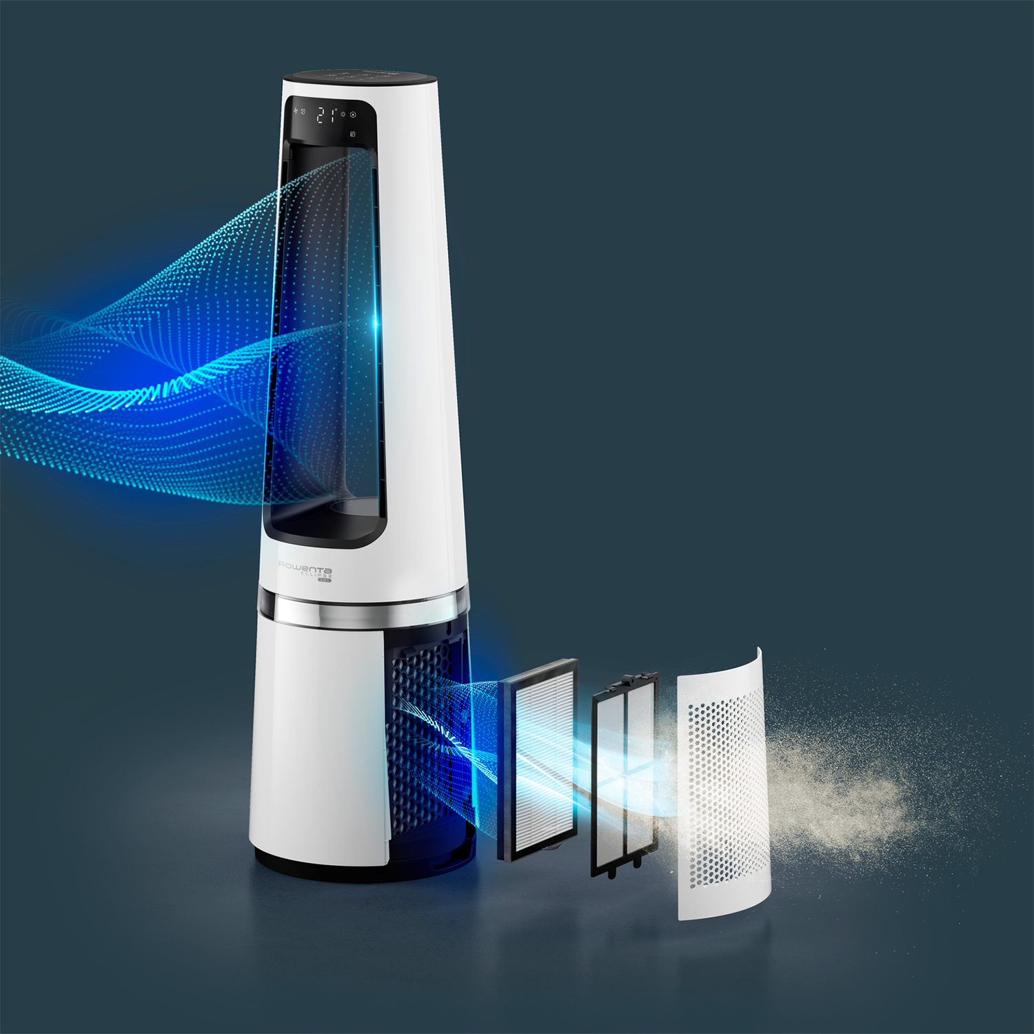 A white and black air purifier with blue air flow graphics and its filters in the background.
