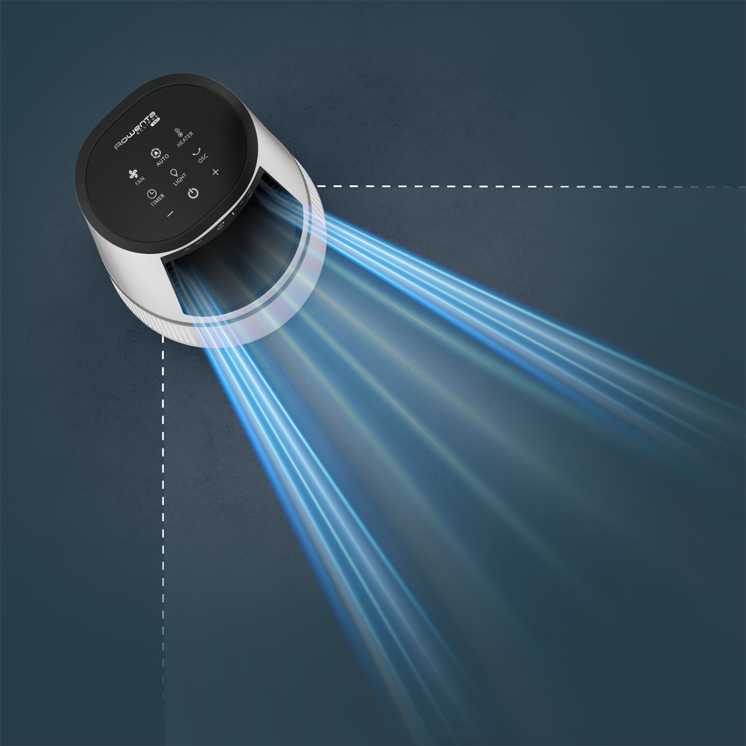 White and silver fan with blue light beams. The background is a dark blue gradient.