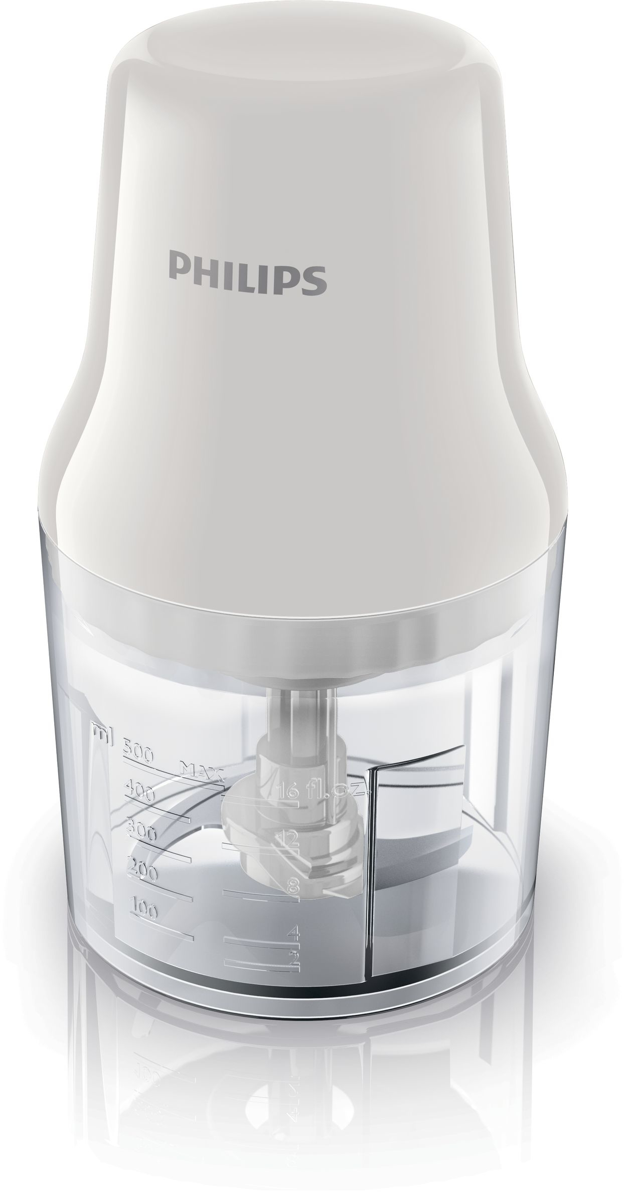 Picadora de alimentos Philips blanca. Recipiente transparente con cuchilla. Tapa blanca.