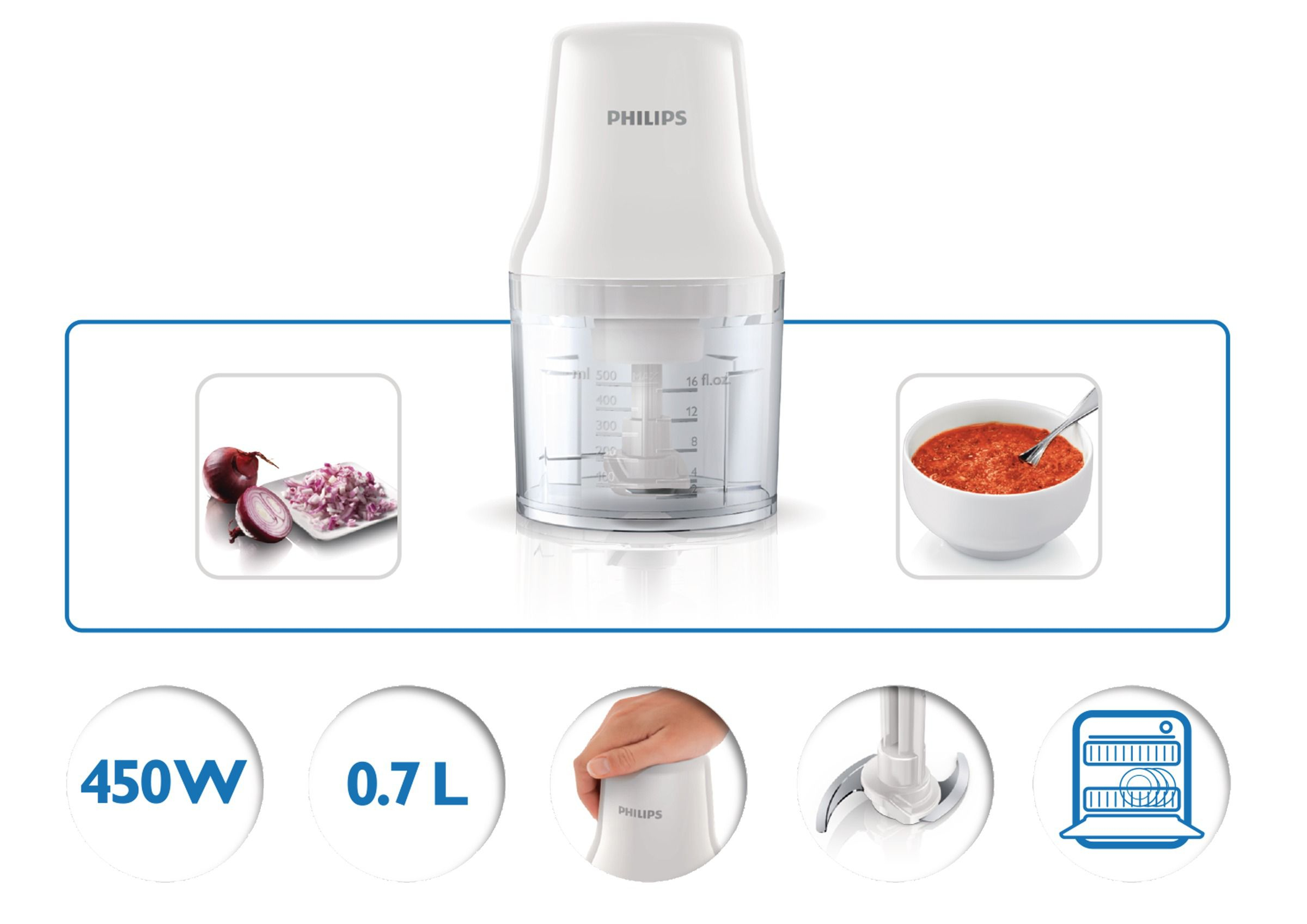 Picadora de alimentos blanca con ingredientes y símbolos de potencia y capacidad.