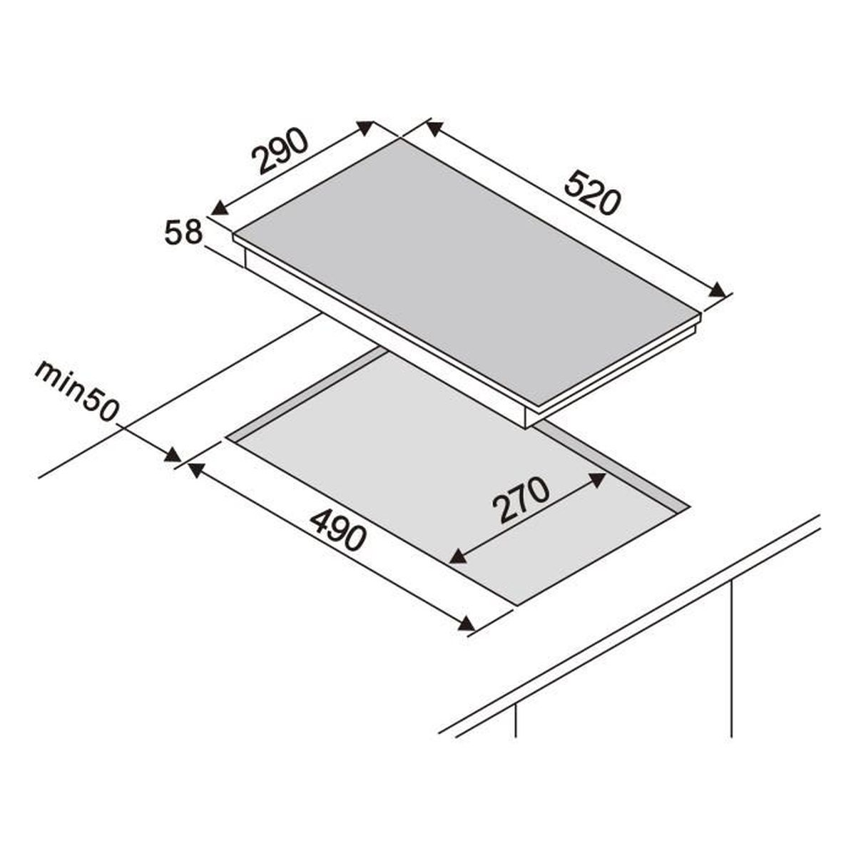 Diagramm eines versenkten Kochfelds mit Abmessungen. Graue Linien und Zahlen auf weißem Hintergrund.