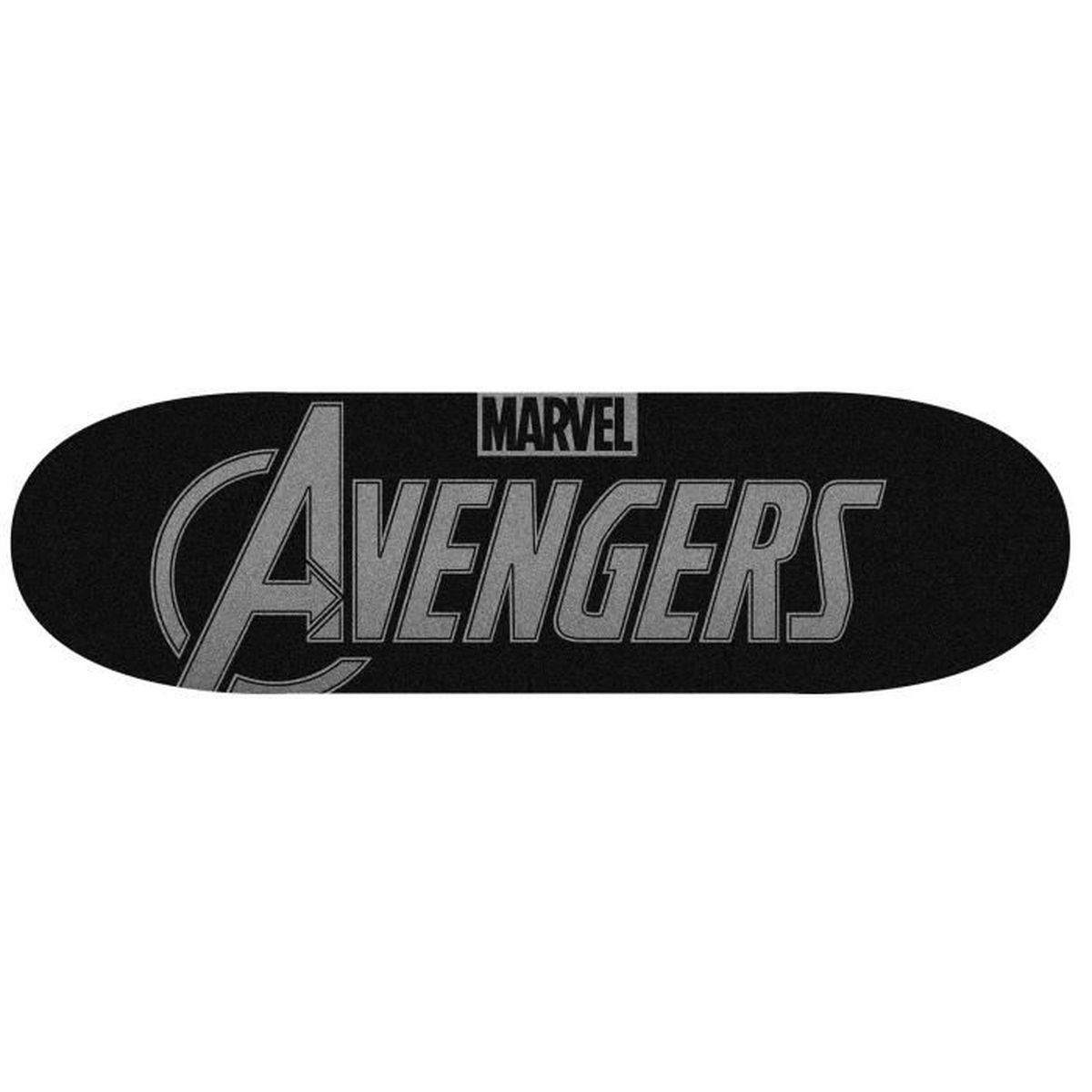 Schwarzes Skateboard mit grauem Marvel Avengers Logo oben.