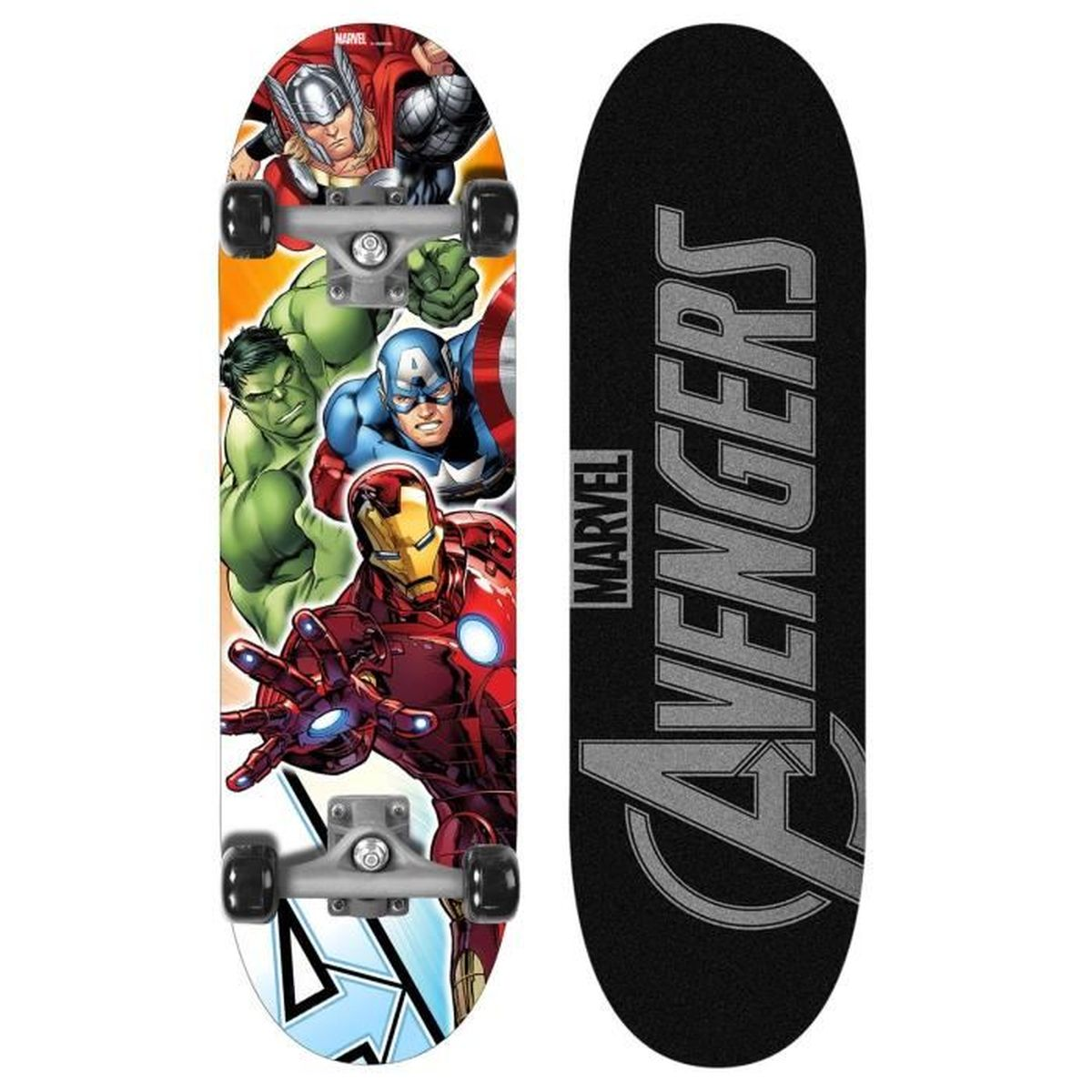 Skateboard mit Avengers-Figuren auf der einen und Avengers-Logo auf der anderen Seite.