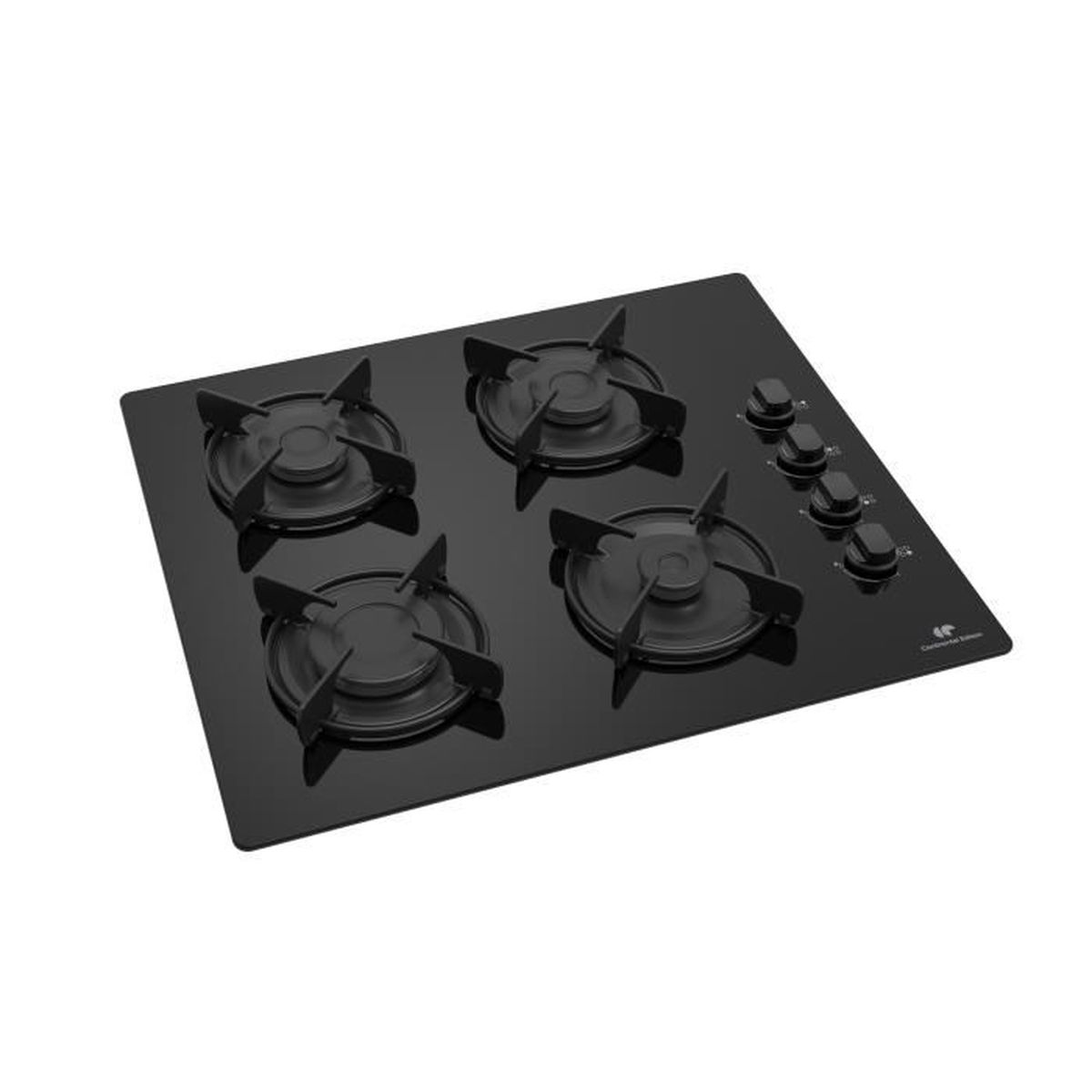 Cocina negra con cuatro quemadores. La cocina es brillante. El fondo es blanco.