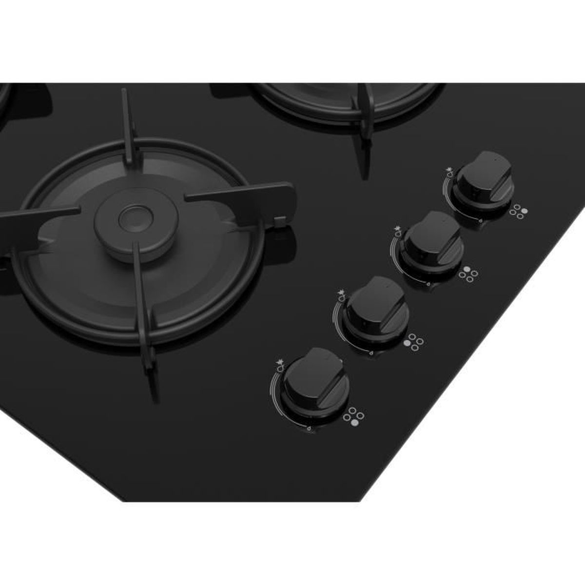 Encimera de vidrio negro con cuatro quemadores y cuatro mandos de control a la derecha.
