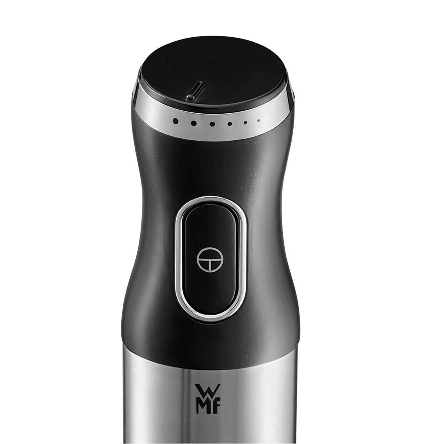 Zbliżenie czarnego i srebrnego blendera ręcznego z przyciskiem zasilania.