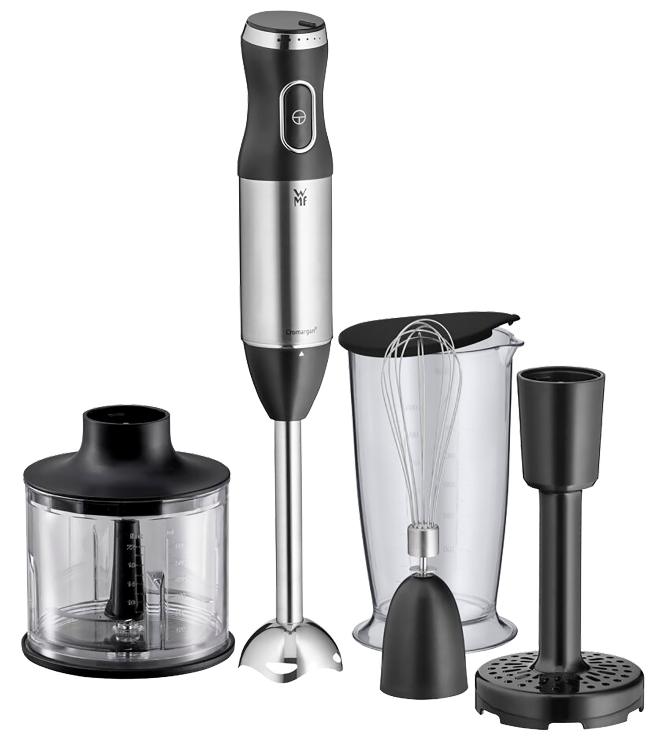 Zestaw blendera z wieloma nasadkami, na czarnym tle.