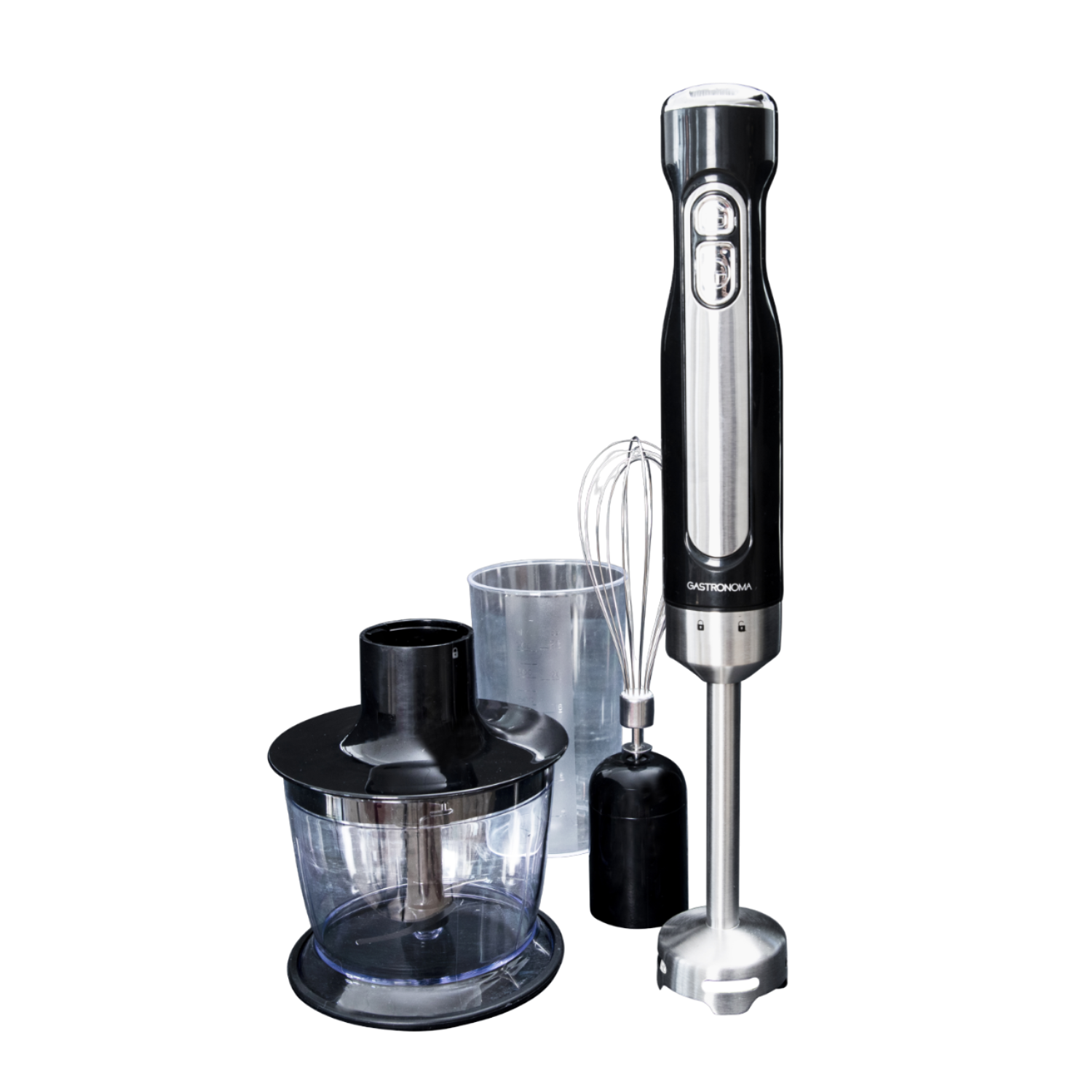 Handmixer-Set mit Mixer, Zerkleinerer, Schneebesen und Messbecher, vor schwarzem Hintergrund.