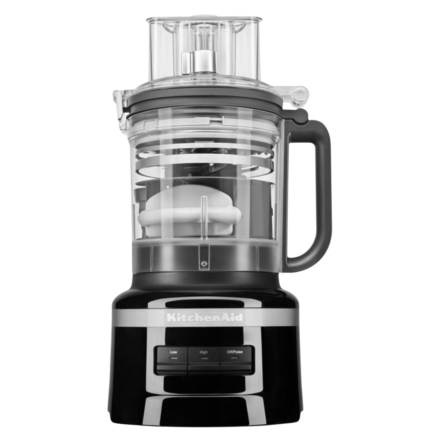 Siyah ve gümüş KitchenAid mutfak robotu, şeffaf hazne ile.