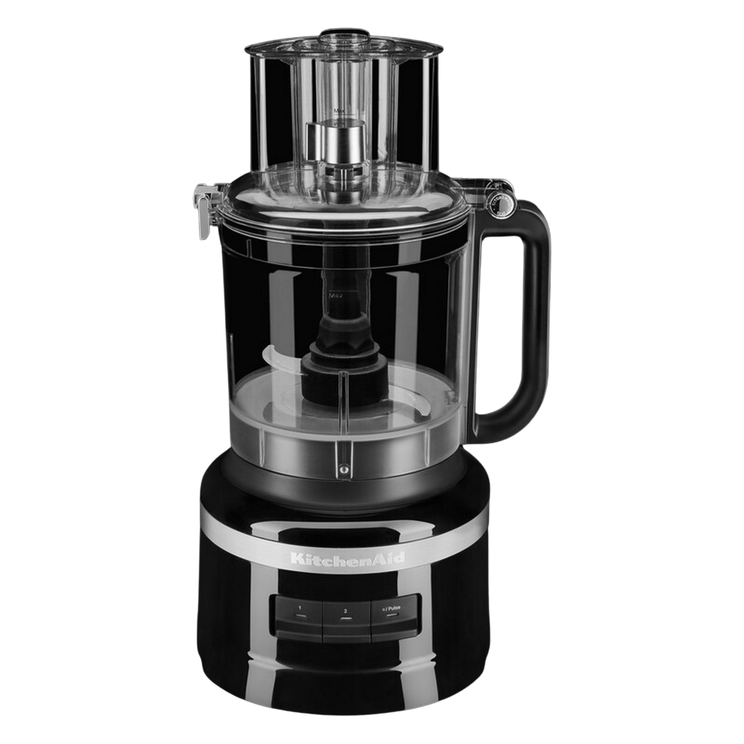 Siyah KitchenAid mutfak robotu, şeffaf kase, sap ve iki kontrol düğmesiyle.