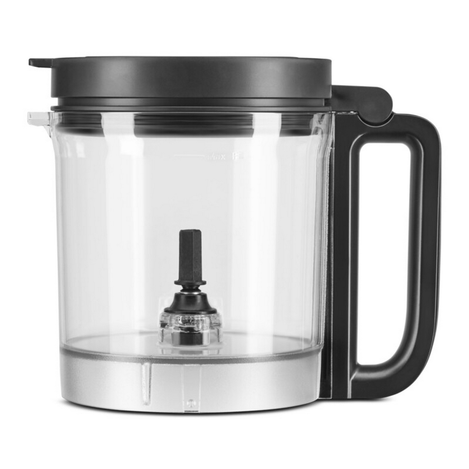 Siyah kapak ve kulplu şeffaf plastik blender kabı, içinde bir bıçak gösteriyor.