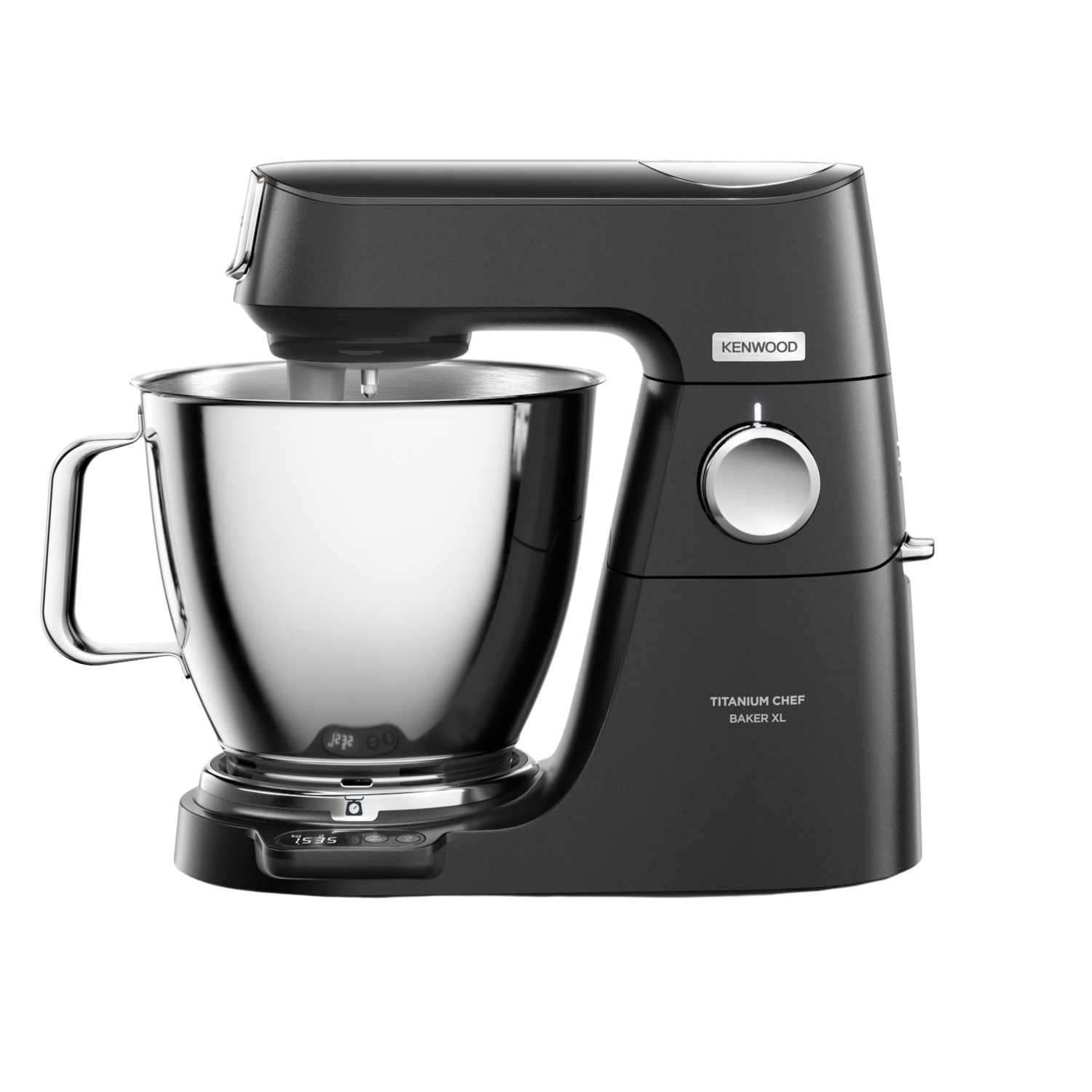 Frullatore nero Kenwood Titanium Chef Baker XL. Ciotola d'argento. Base nera. Testo KENWOOD.