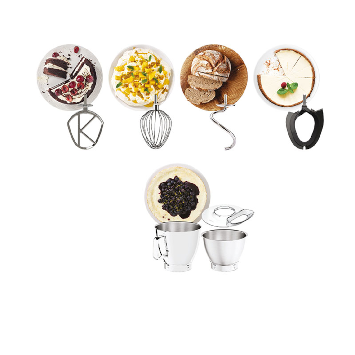 Elettrodomestici da cucina con vari alimenti su piatti bianchi. Gli articoli includono torta, pane e cheesecake.