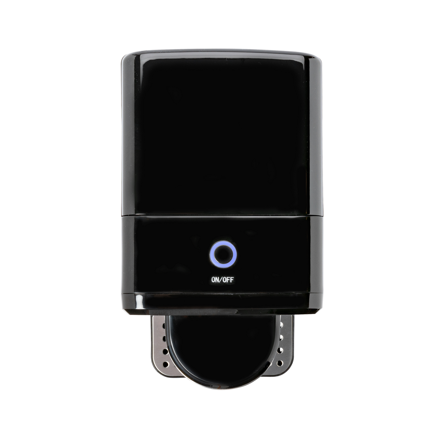 A black device with an on/off button lit in blue, with a curved metal piece at the bottom.