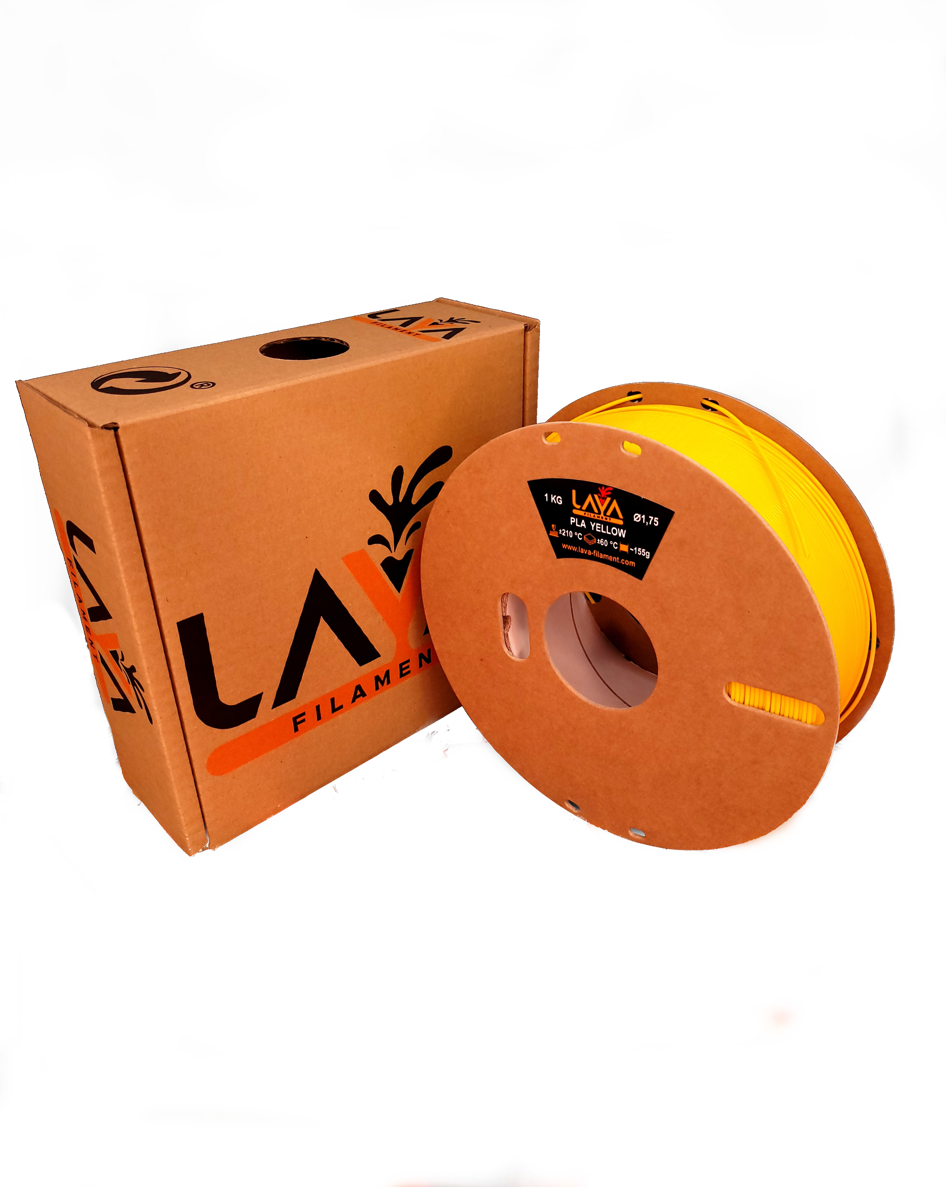 Braune Box und gelbe 3D-Drucker-Filament-Spule. Produktbeschriftung ist auf der Spule sichtbar.