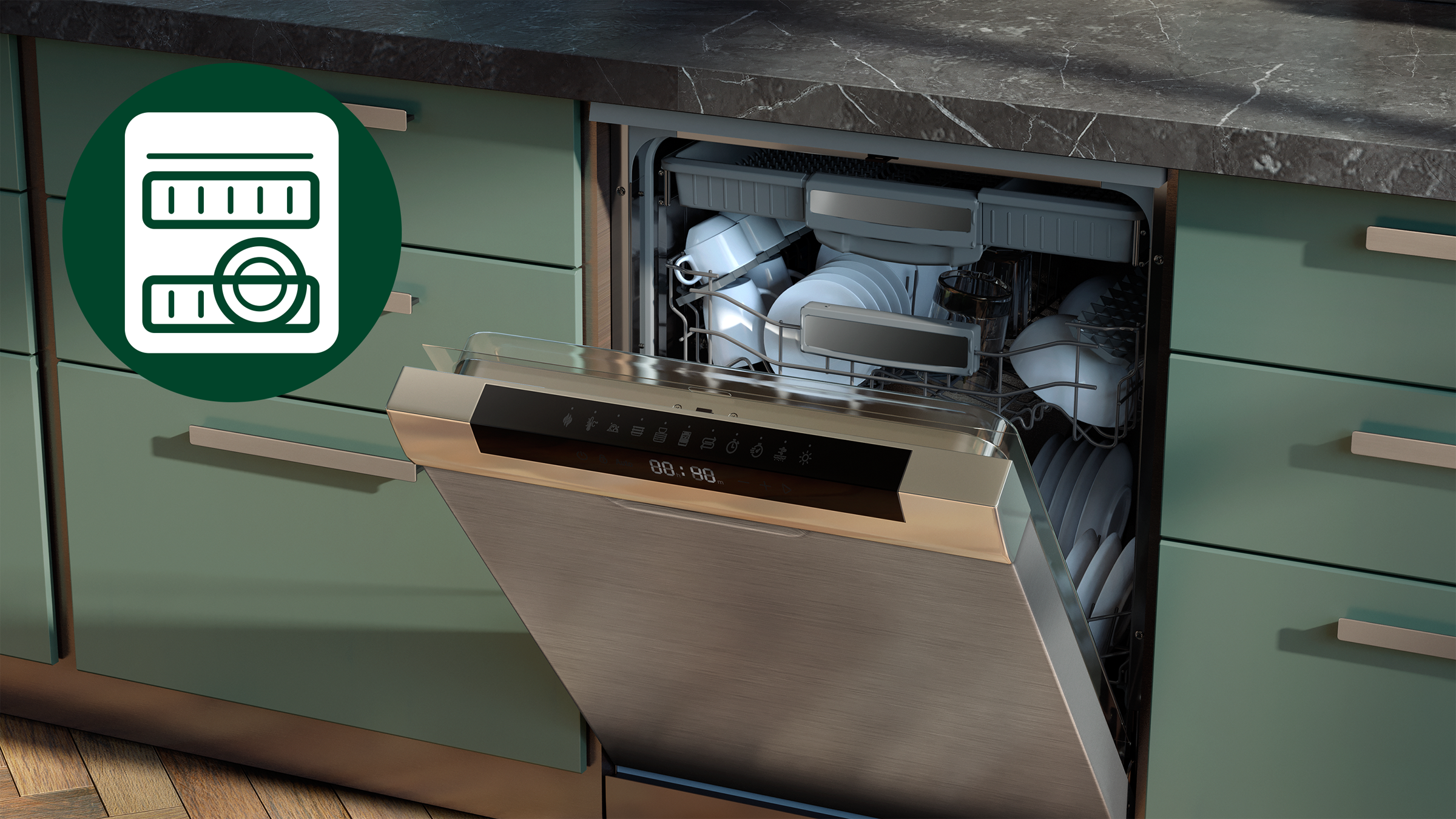 Zmywarka z otwartymi drzwiami, pokazująca czyste naczynia. Zielone szafki w tle.