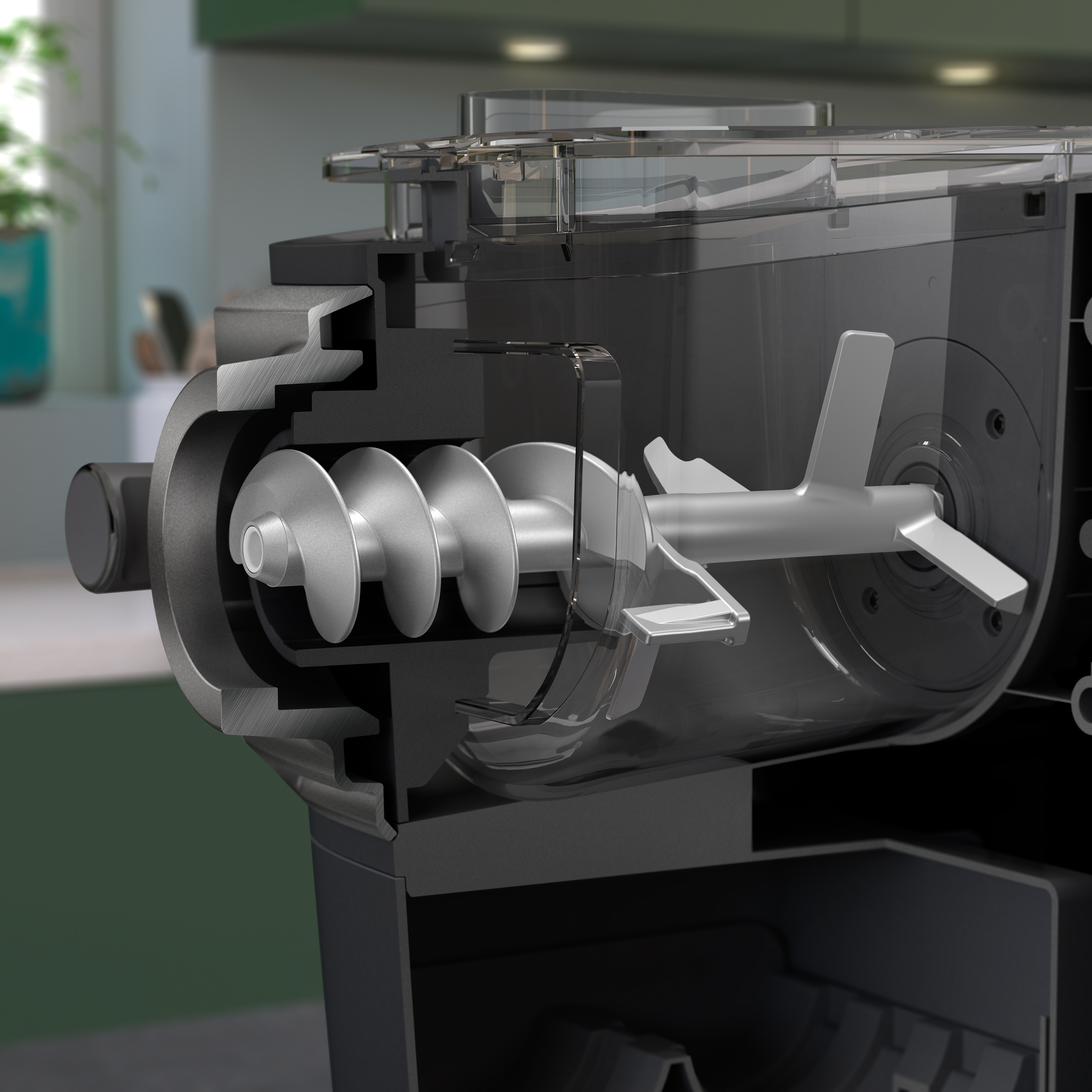 Przekrój maszyny do makaronu, pokazujący elementy wewnętrzne, takie jak ślimak i ostrza mieszające. Rozmyte zielone tło.