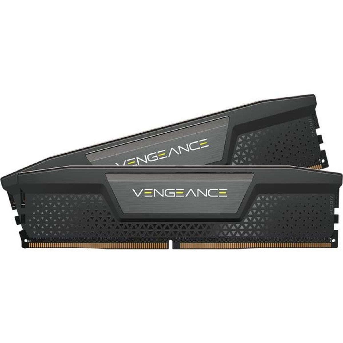 Zwei schwarze Vengeance RAM-Riegel. Das Vengeance-Logo ist sichtbar. Die Riegel sind zur Kamera geneigt.