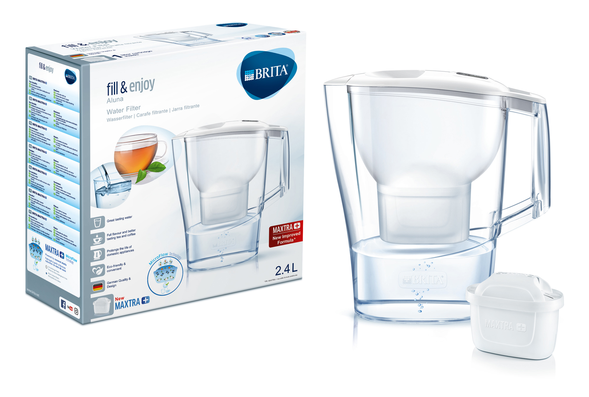 Brita water filter and its box, white, with the filter cartridge visible.
