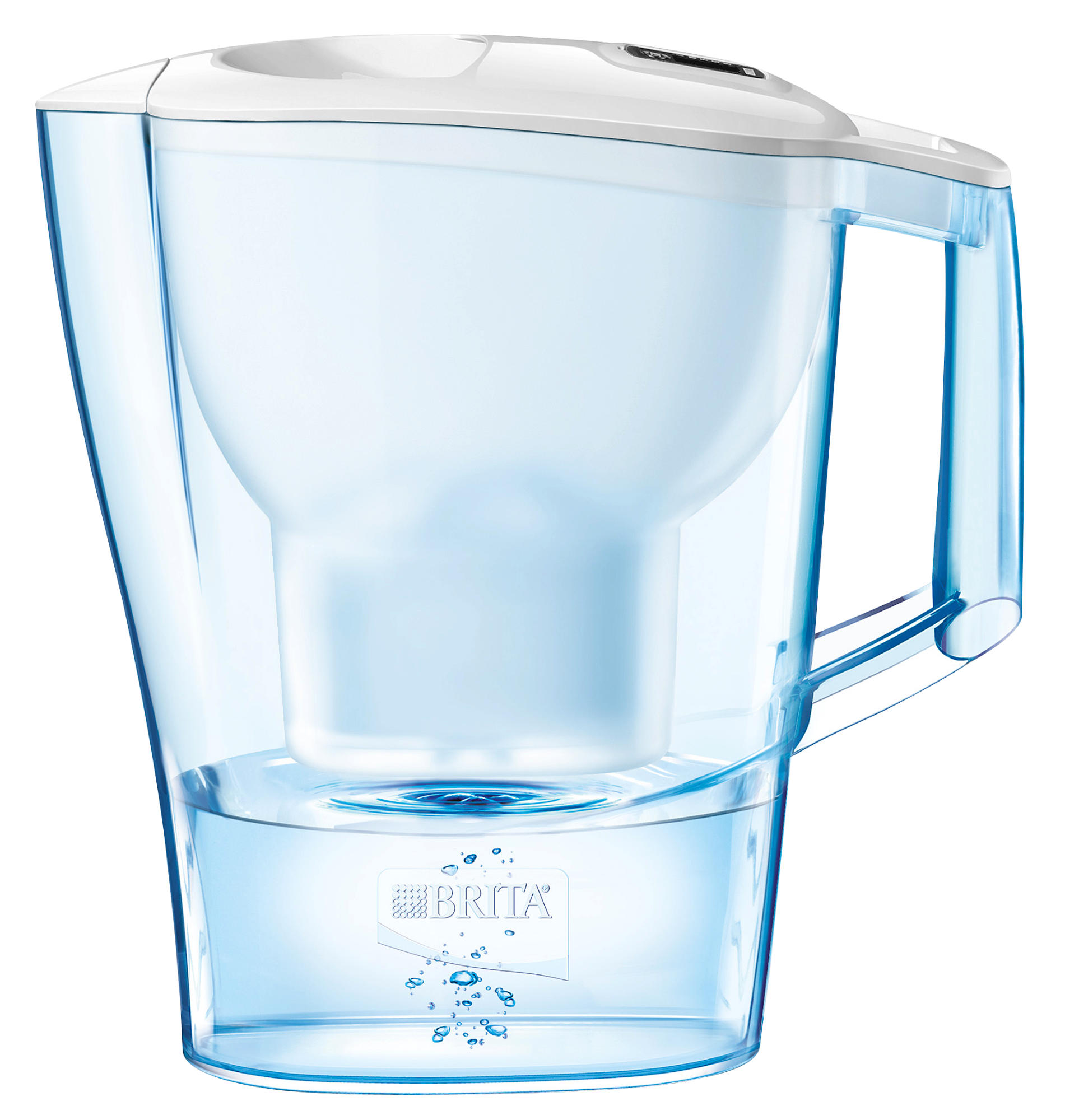Clear Brita water filter pitcher, with water and filter visible.