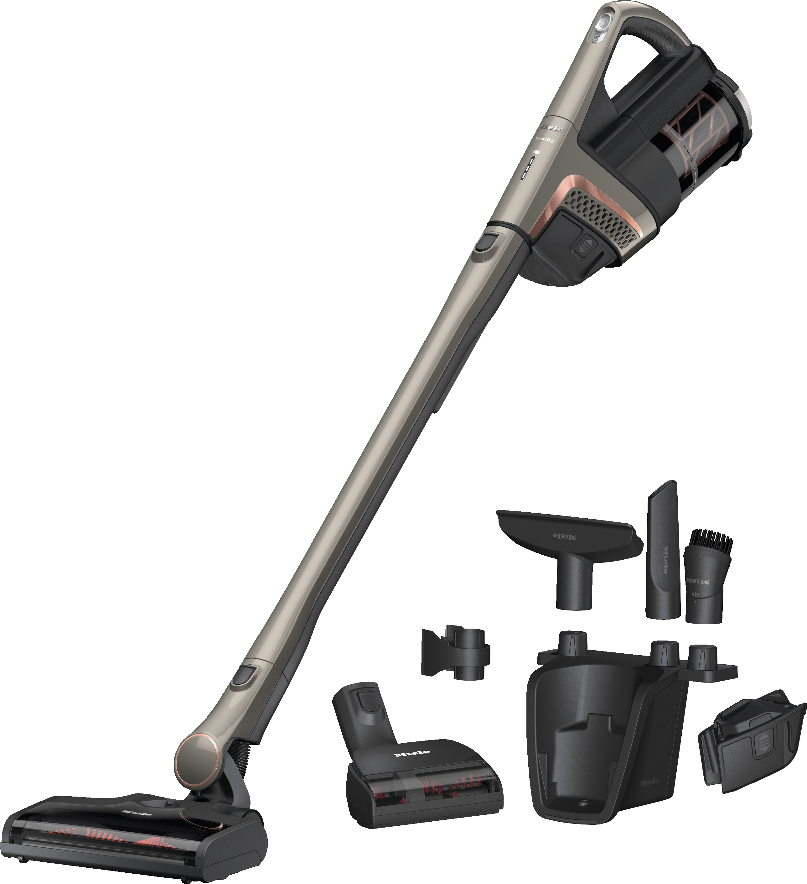 Aspirateur sans fil avec accessoires sur fond noir.
