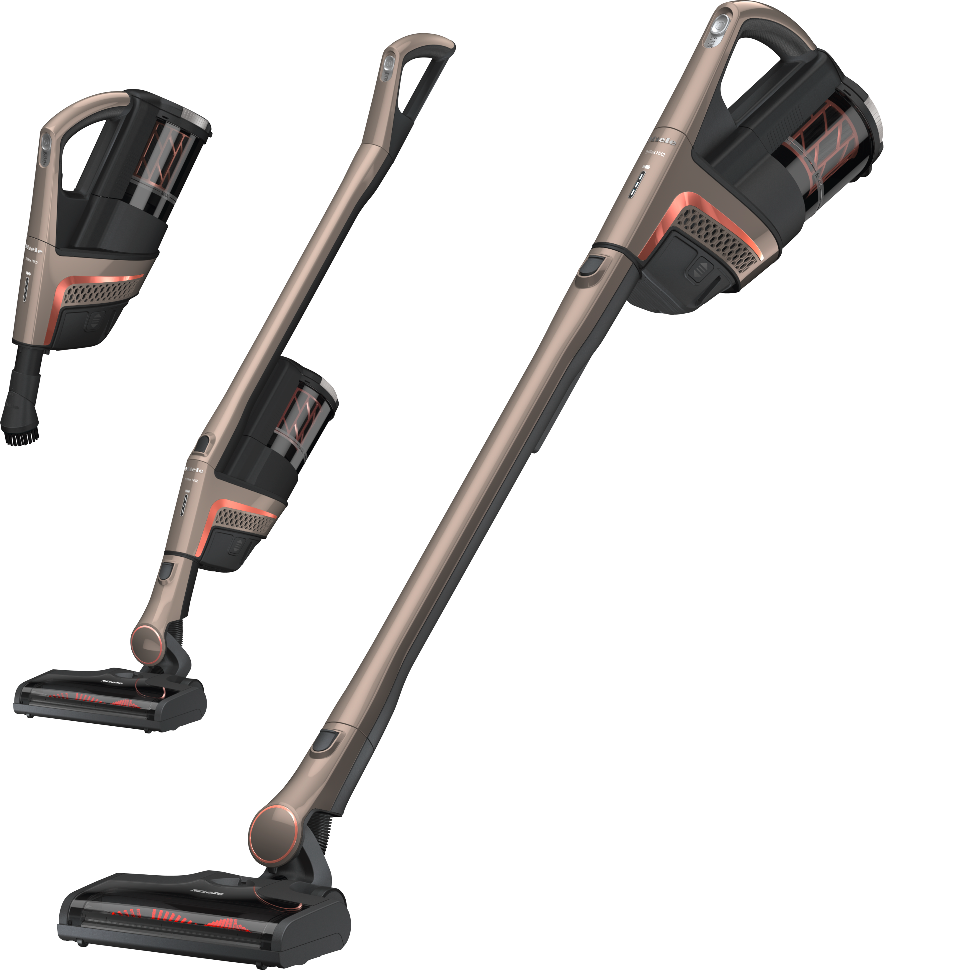 Aspirateur sans fil, bronze et noir, sous plusieurs angles. Fond noir.