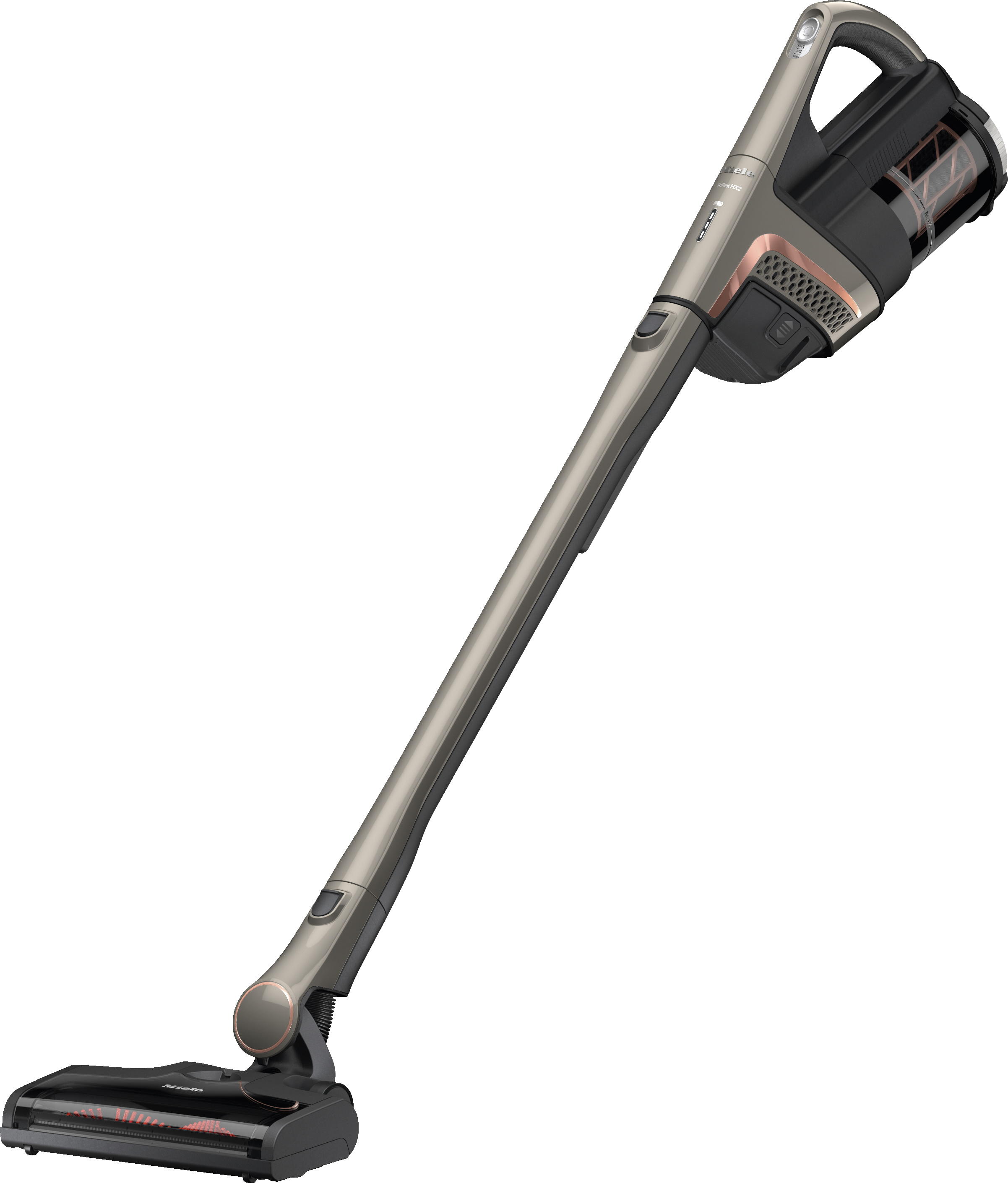 Aspirateur sans fil, incliné, dans une palette de couleurs argent et noir, avec un fond noir.