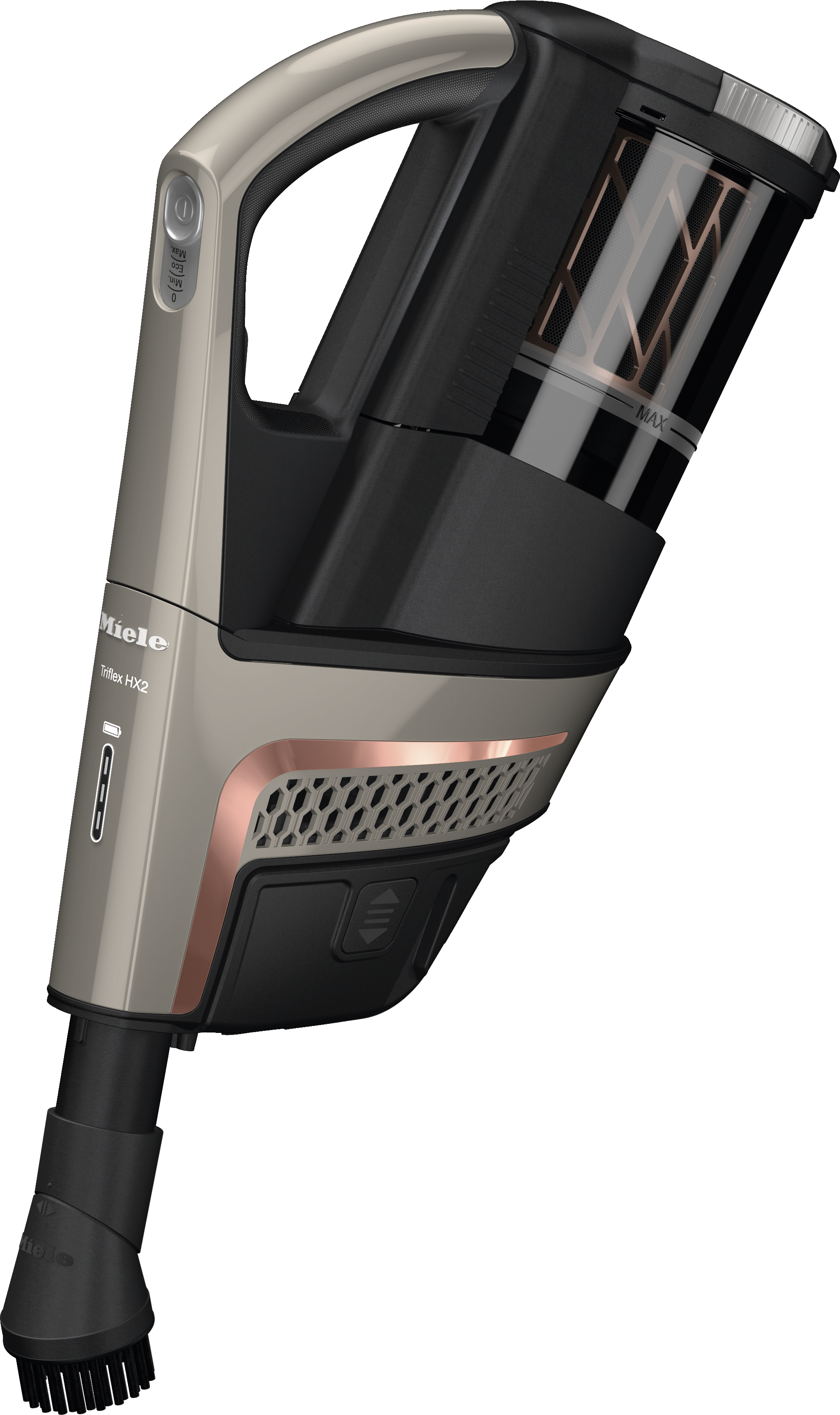 Un aspirateur à main. Il est gris et noir avec des accents de bronze. Il possède une buse et un bac à poussière transparent.