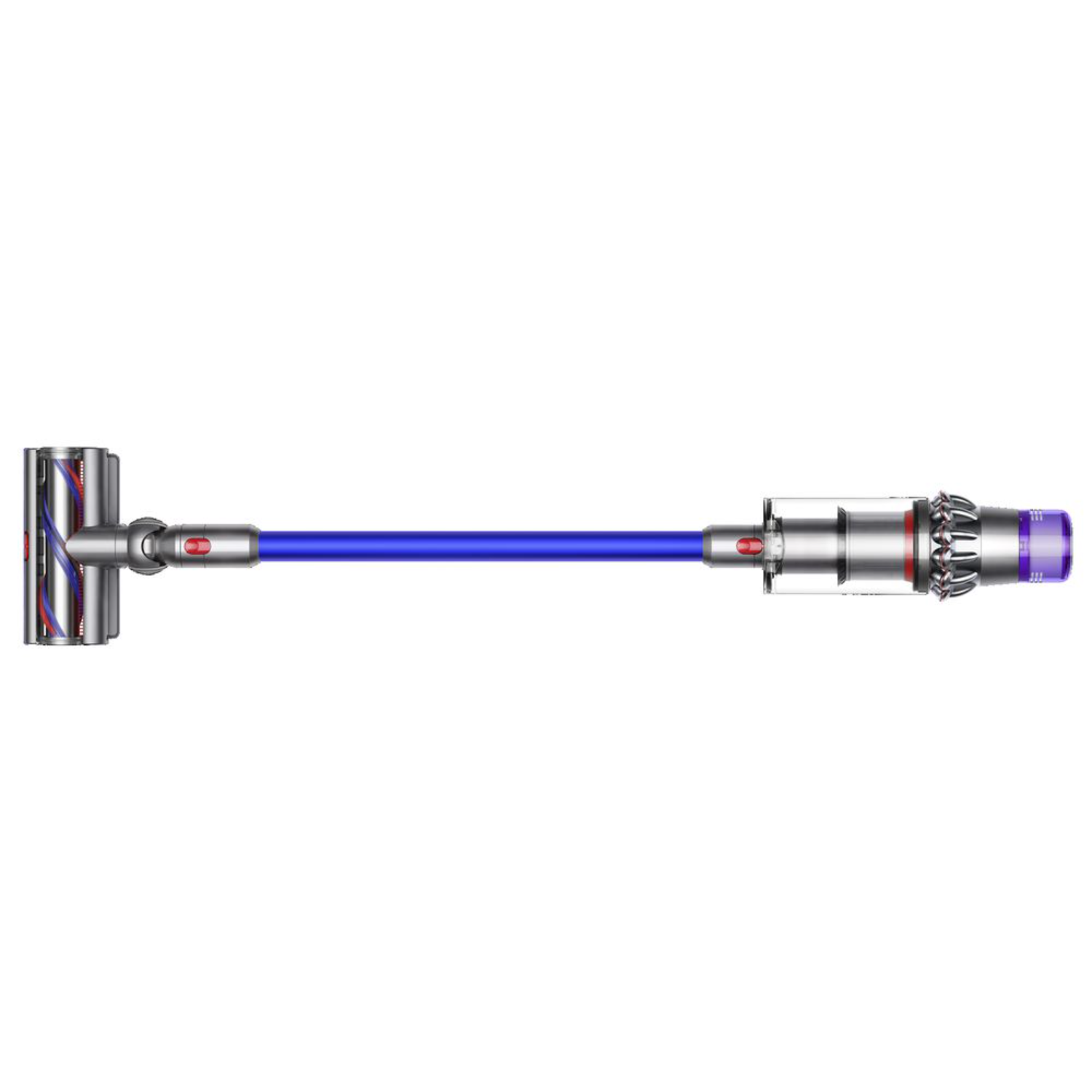 Odkurzacz Dyson z niebieską rurą i czerwoną i srebrną głowicą szczotki. Tło jest czarne.