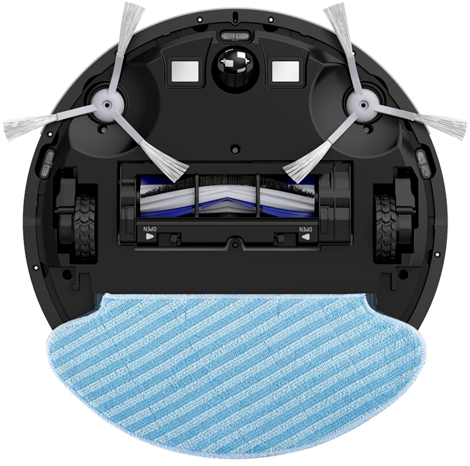 Odkurzacz robot, czarny, widok od spodu, dwie szczotki i niebieski mop.