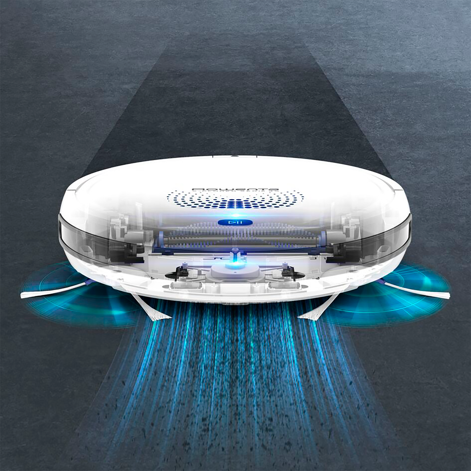 Robot sprzątający, biały z niebieskimi akcentami. Pokazuje działanie wiązek czyszczących.