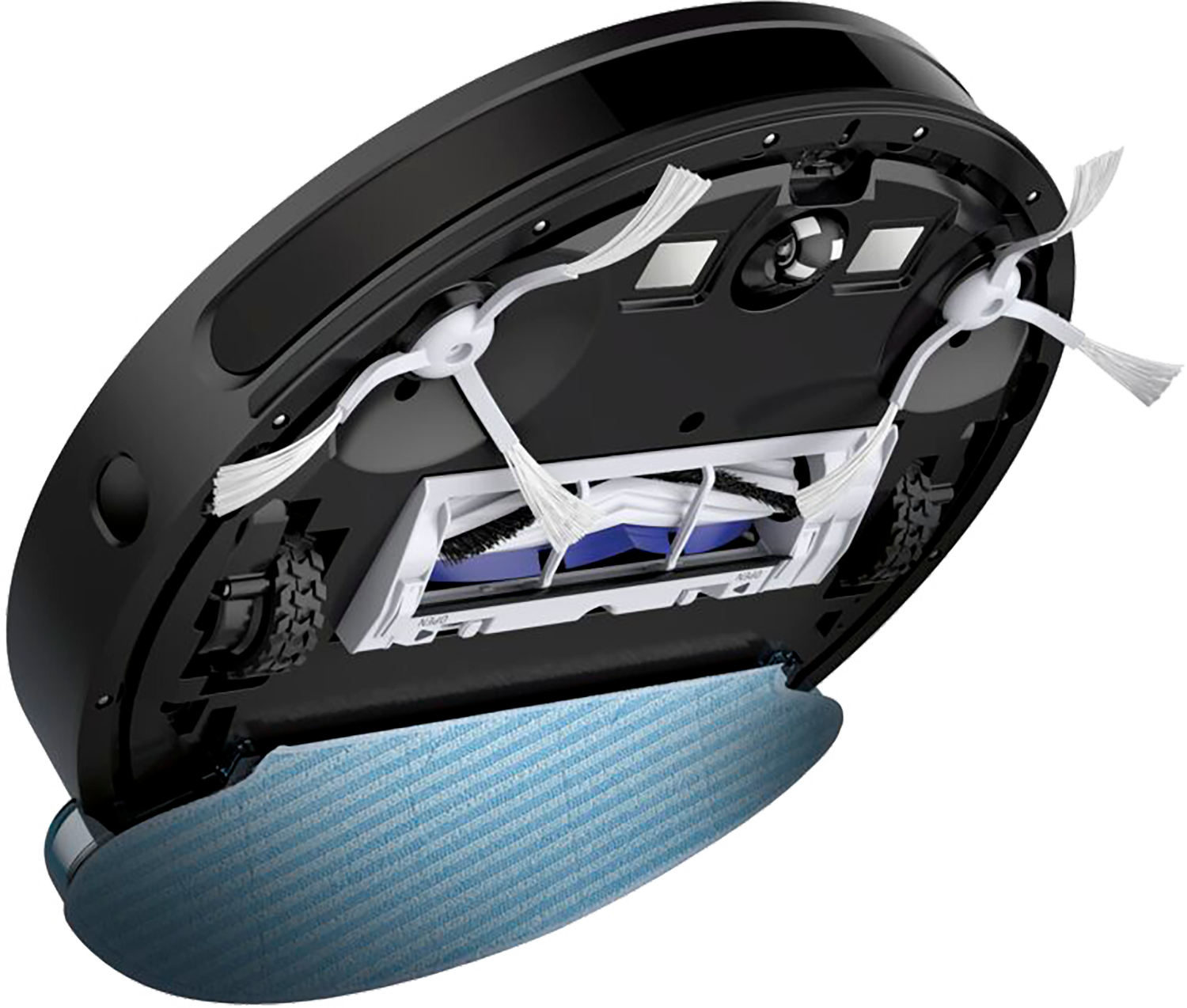 Widoczny jest spód czarnego robota odkurzającego. Widoczne są szczotki i niebieska nakładka do mopa.