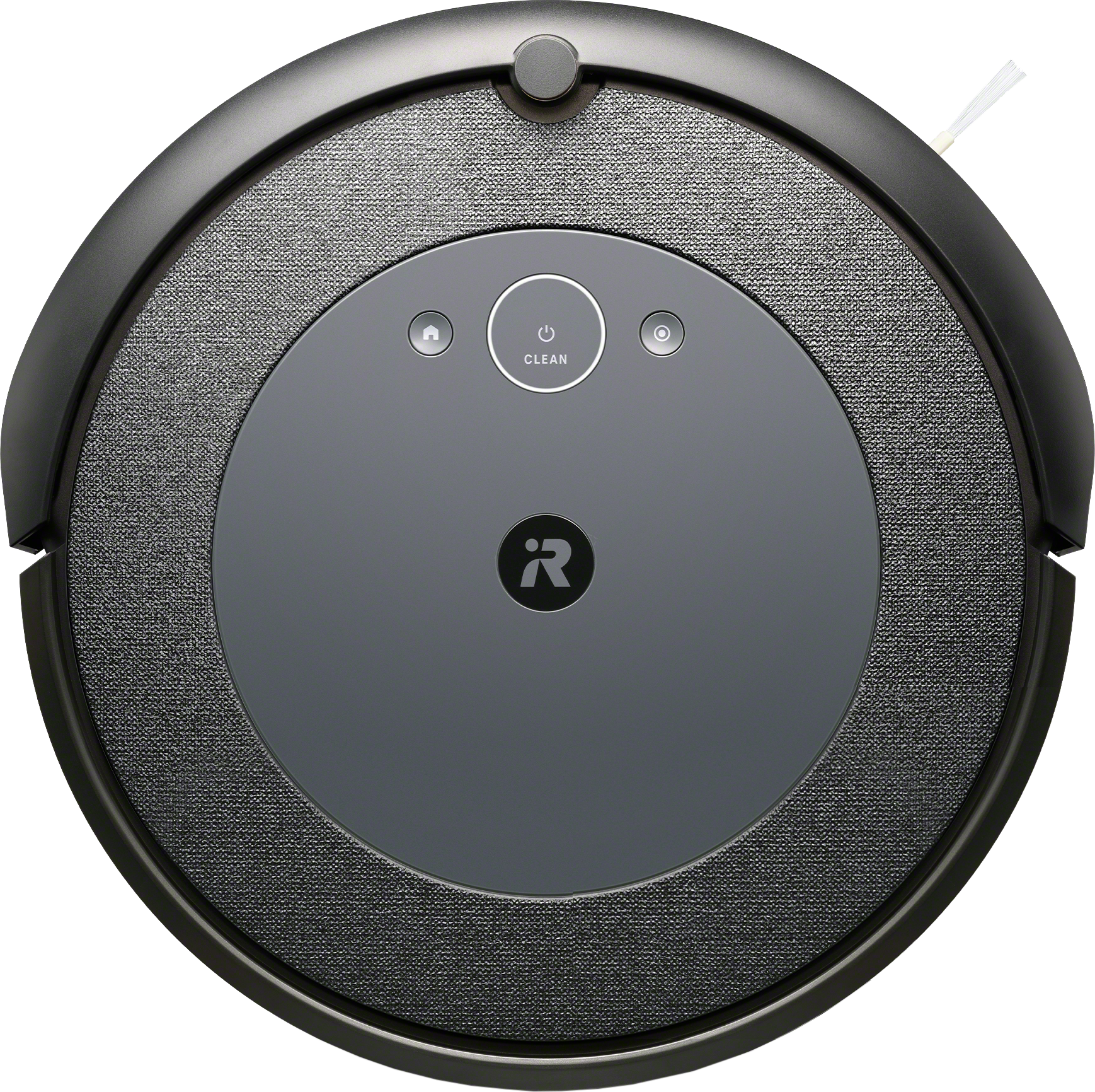 Roboter-Staubsauger, dunkelgrau, mit Knöpfen oben.