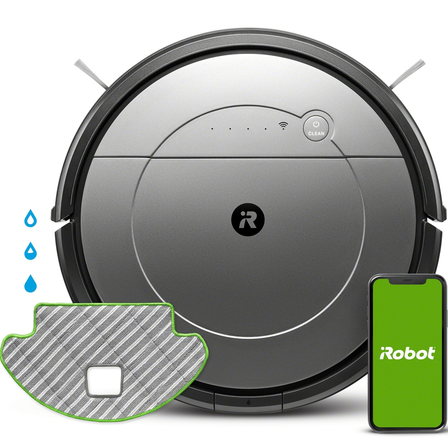 Robot aspirador, estación de carga, almohadilla de limpieza y teléfono con interfaz de app.