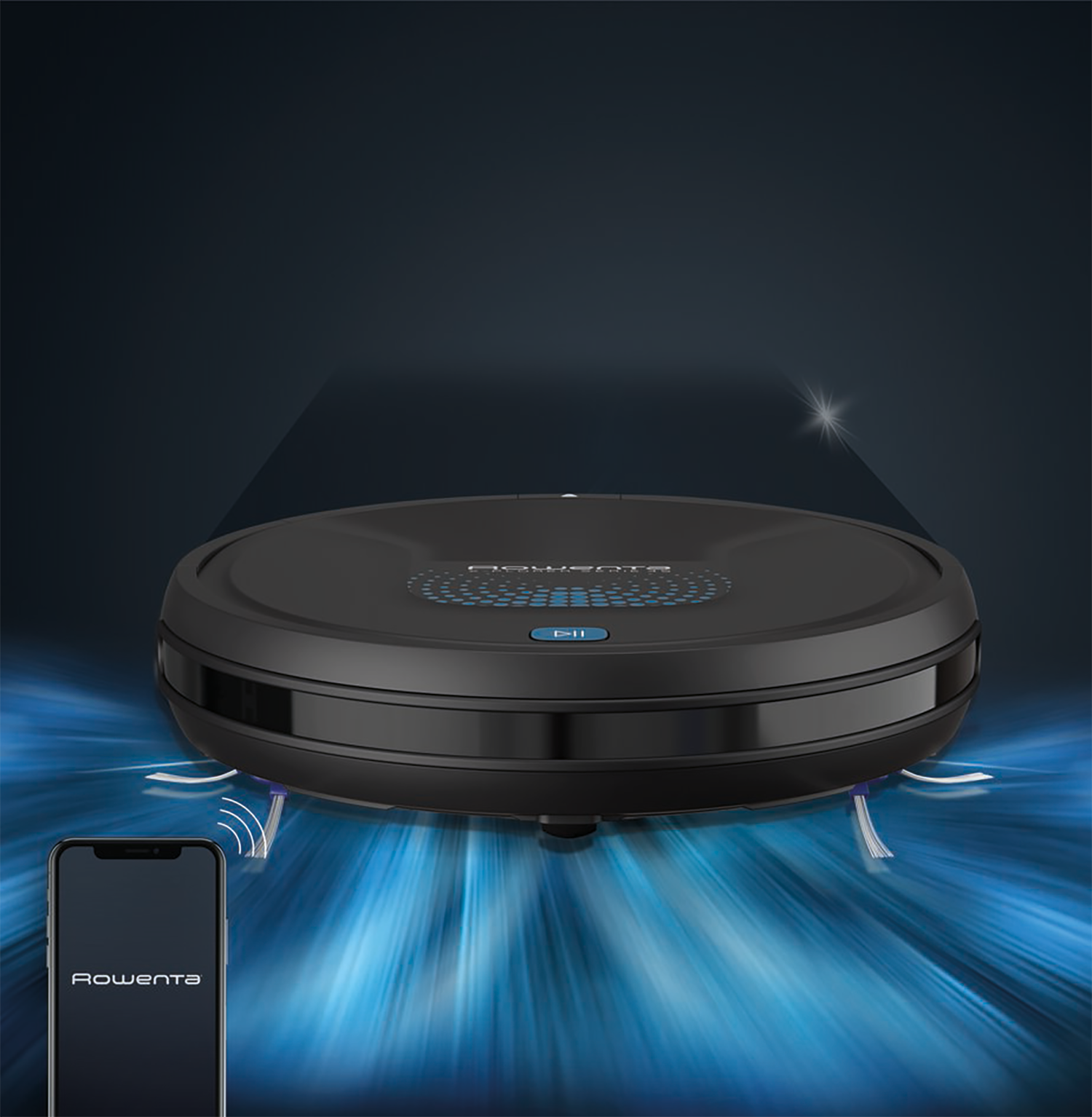 Een zwarte robotstofzuiger met een telefoon die het Rowenta-logo en blauwe lichtsporen toont.