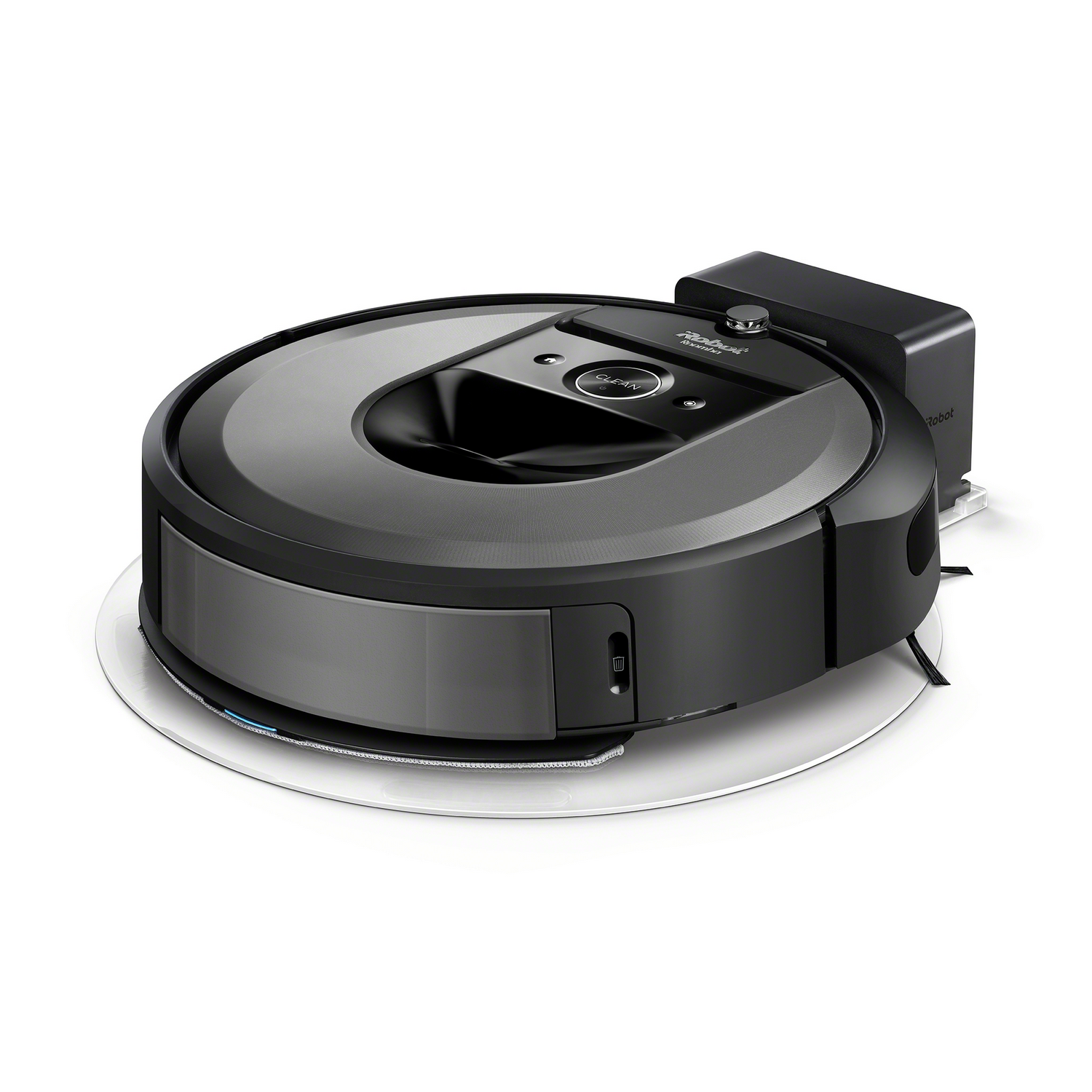 Black and gray robotic vacuum cleaner on white surface.