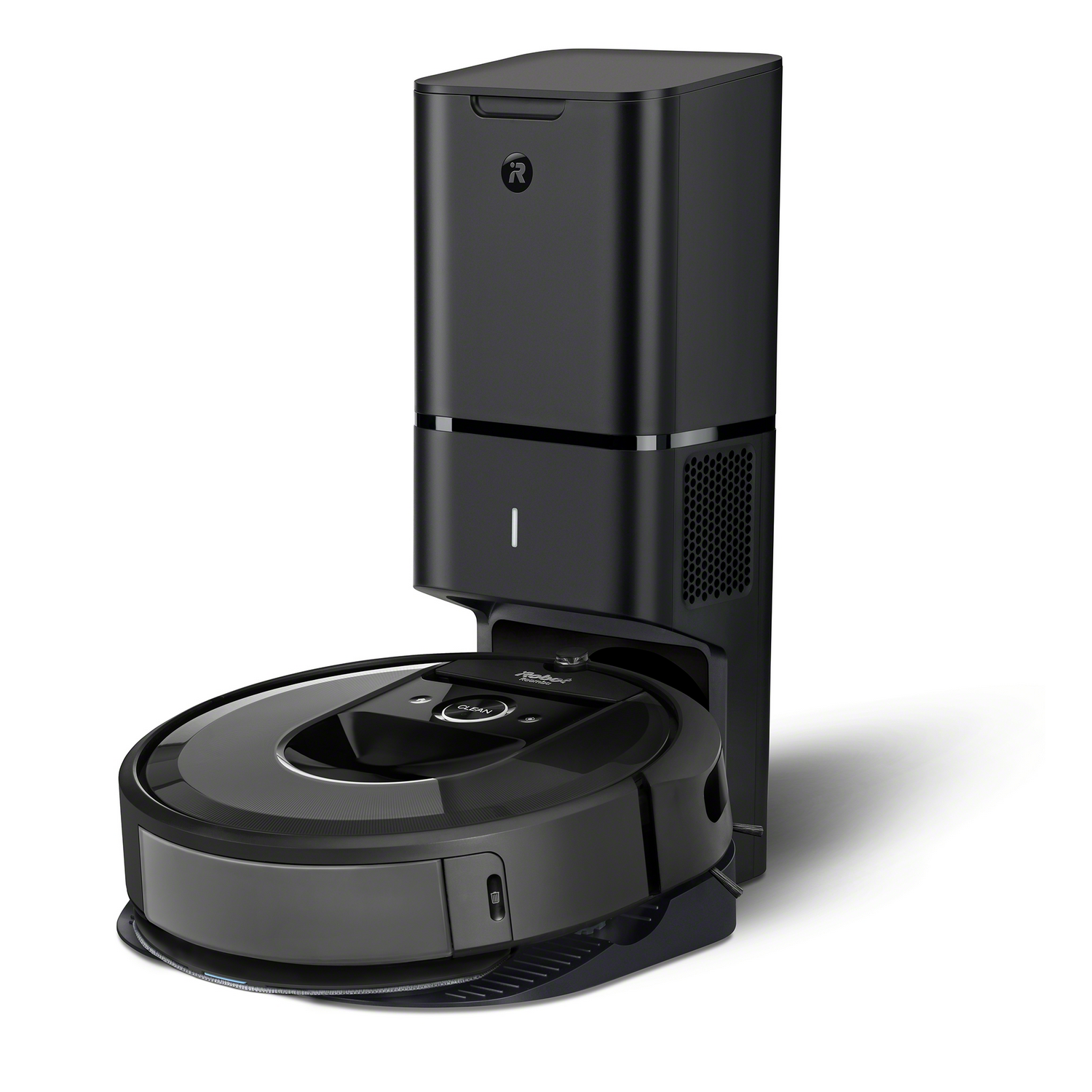 Black robotic vacuum cleaner with a charging station. The robot has a round body.