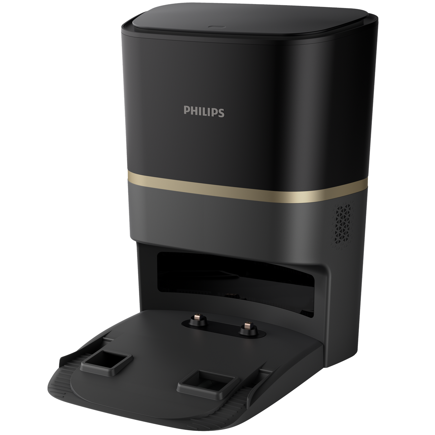 Czarny i złoty robot sprzątający Philips. Odkurzacz ma stację ładującą i pojemnik na kurz.